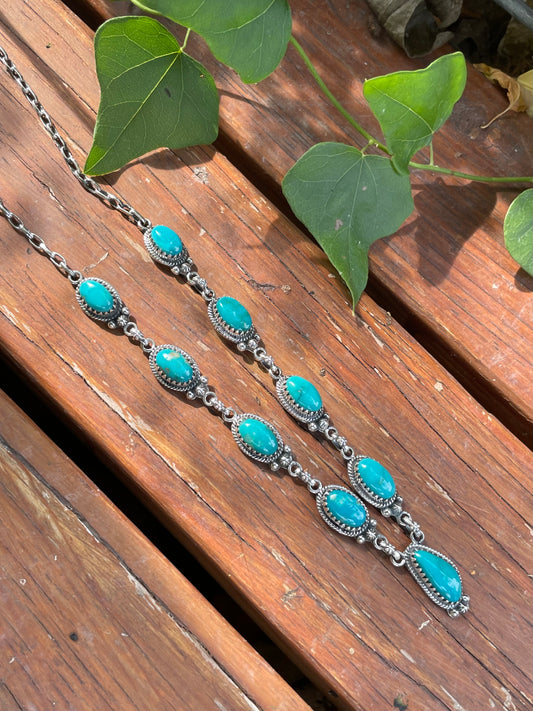 Turquoise Oval & Teardrop Lariat Necklace | Sterling Silver B540