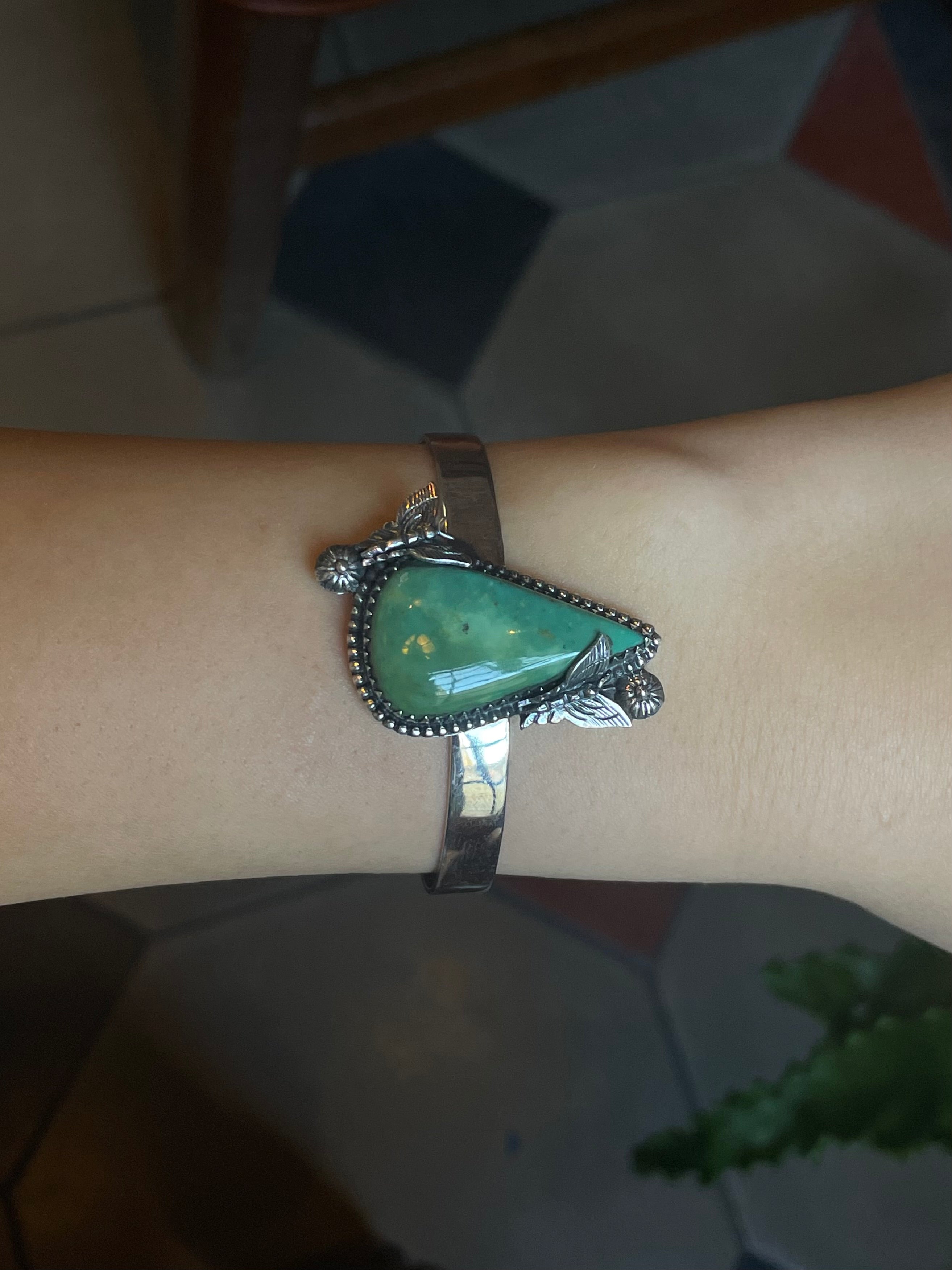 Kingman Turquoise Floral Butterfly Cuff | 925 Sterling Silver E490