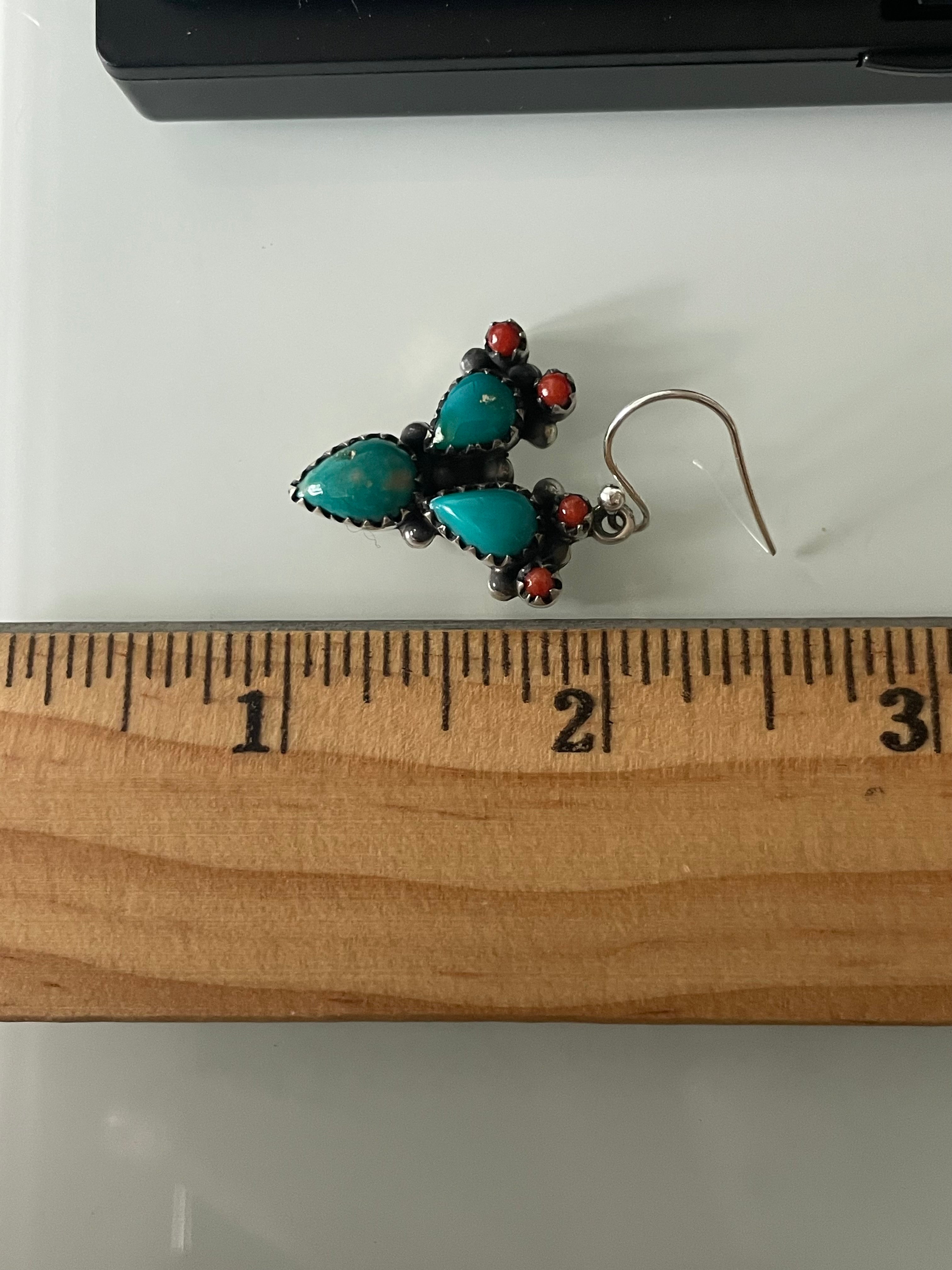 Kingman Turquoise Coral Cactus Earrings | Cluster Drop Hook E657