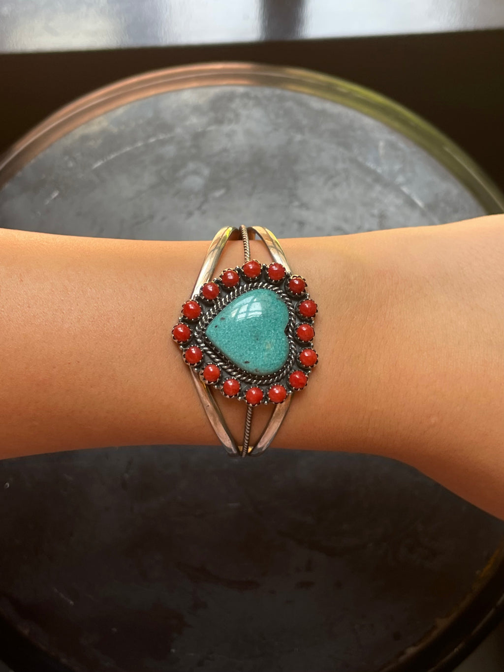 Kingman Turquoise & Italian Coral Heart Cuff Bracelet | 925 Sterling Silver G615