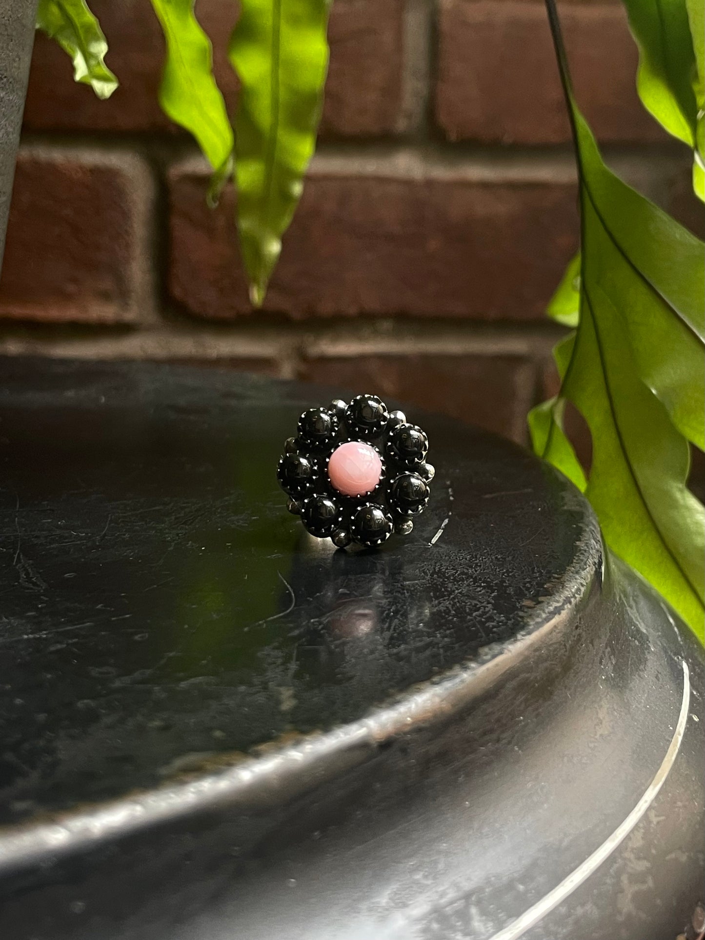 Black Onyx Pink Conch Flower Ring | Sterling Silver Size 6.75 925 C699