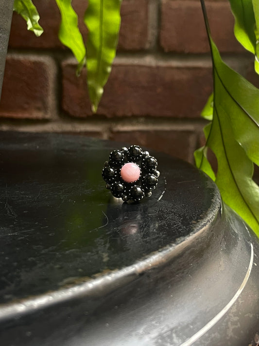 Black Onyx Pink Conch Flower Ring | Sterling Silver Size 6.75 925 C699