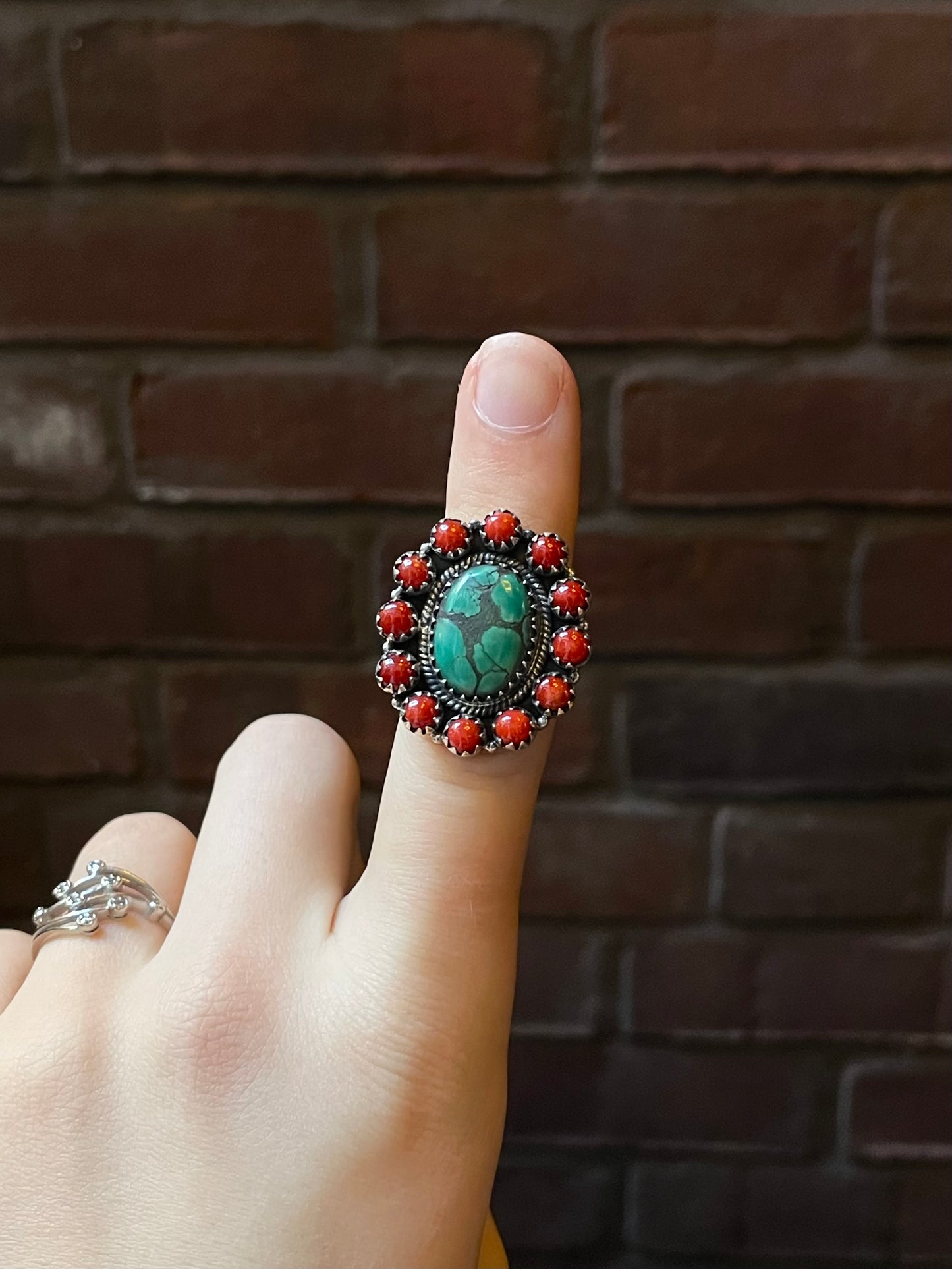 Kingman Turquoise Coral Cluster Ring | Sterling Silver | Size 7 | A199