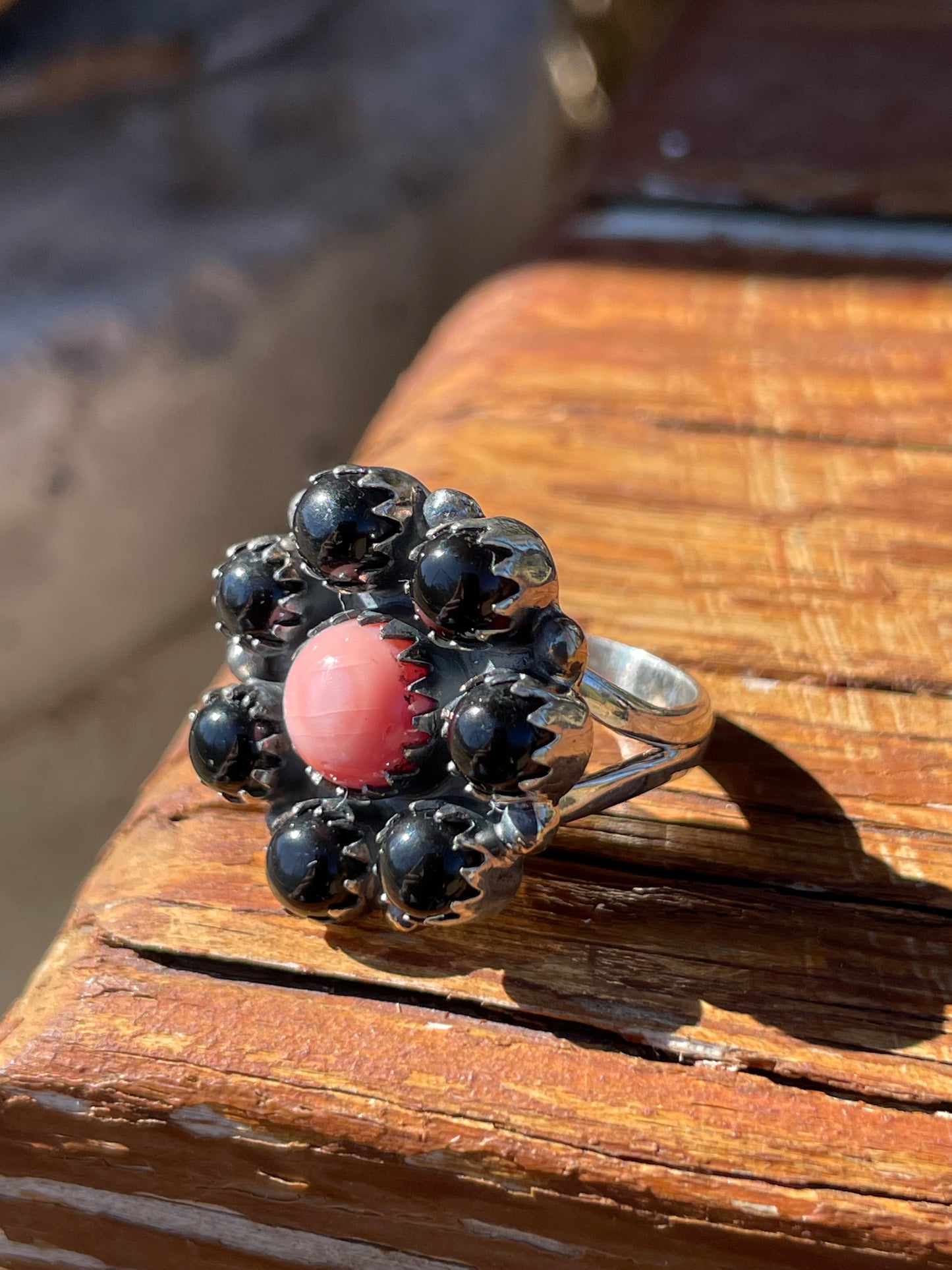 Pink Conch & Black Onyx Ring Size 6.75 | 925 Sterling Silver B937