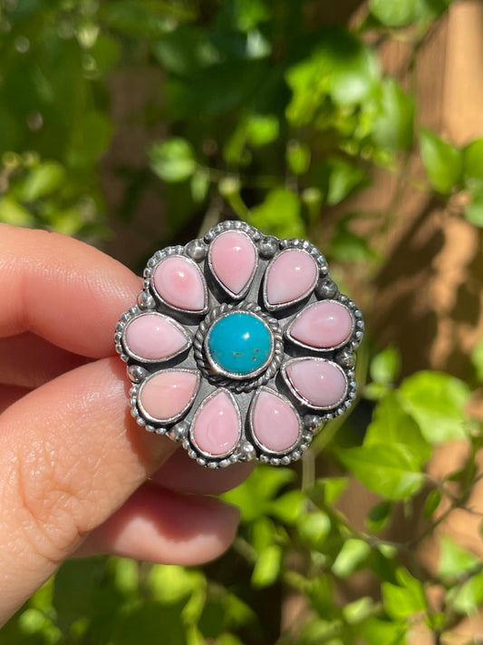 Pink Conch and Turquoise Flower Ring | 925 Sterling Silver | Size 6 B296