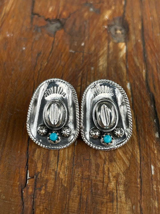 Kingman Turquoise Cowboy Hat Stud Earrings | Sterling Silver B975