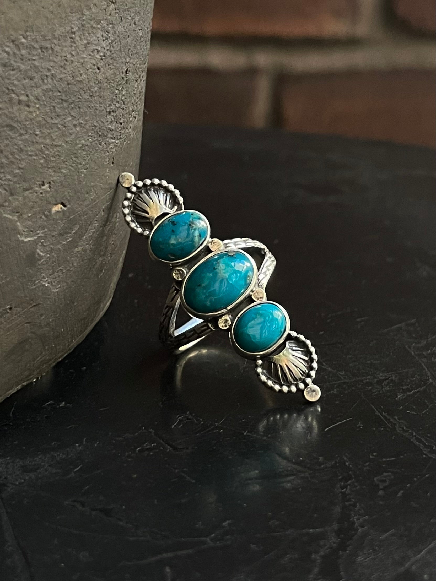 Kingman Turquoise Triple Stone Ring Size 6.75 | 925 Sterling Silver G588