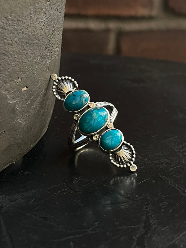 Kingman Turquoise Triple Stone Ring Size 6.75 | 925 Sterling Silver G588