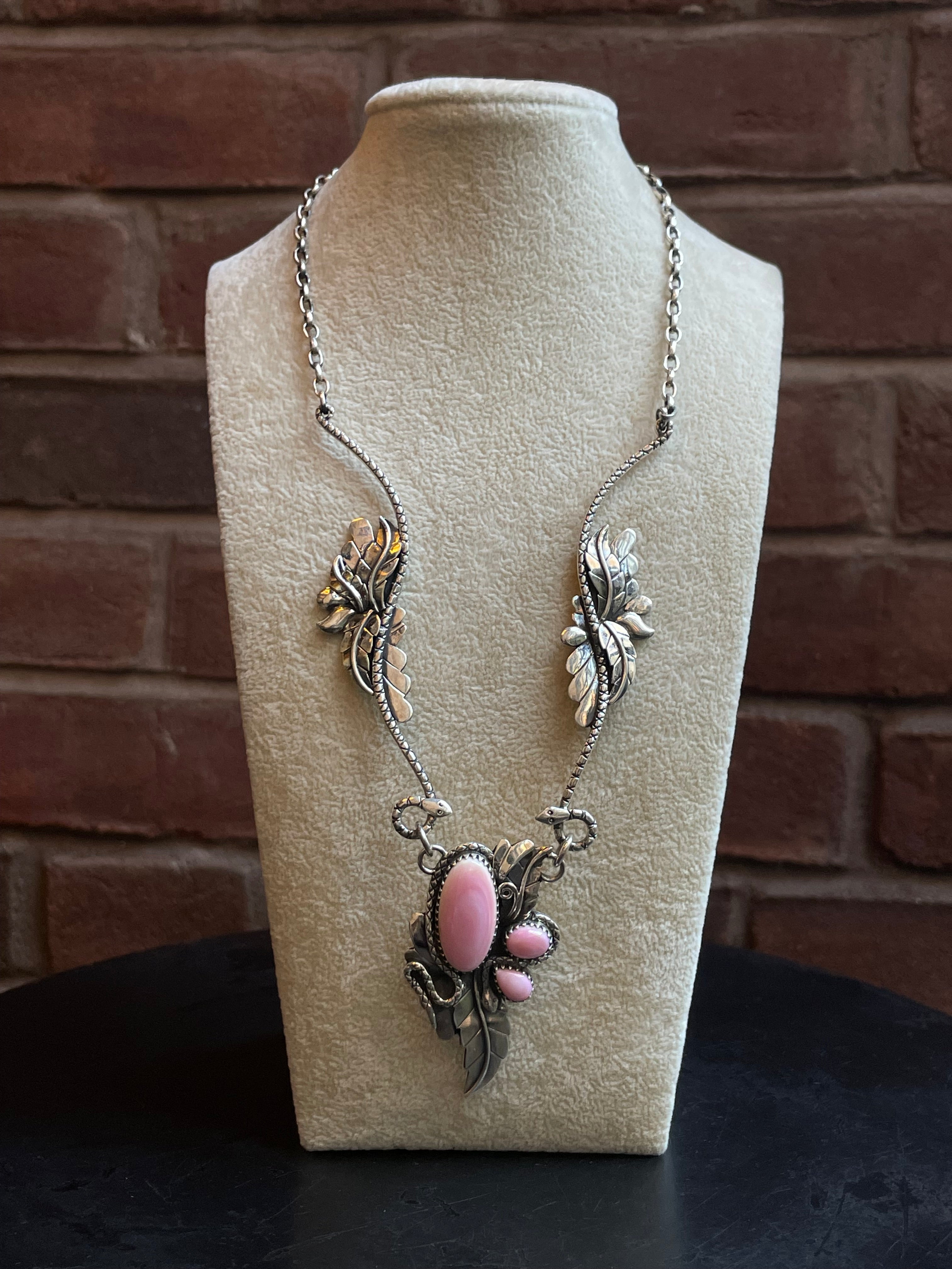 Pink Conch Snake & Feather Necklace | 925 Sterling Silver E357