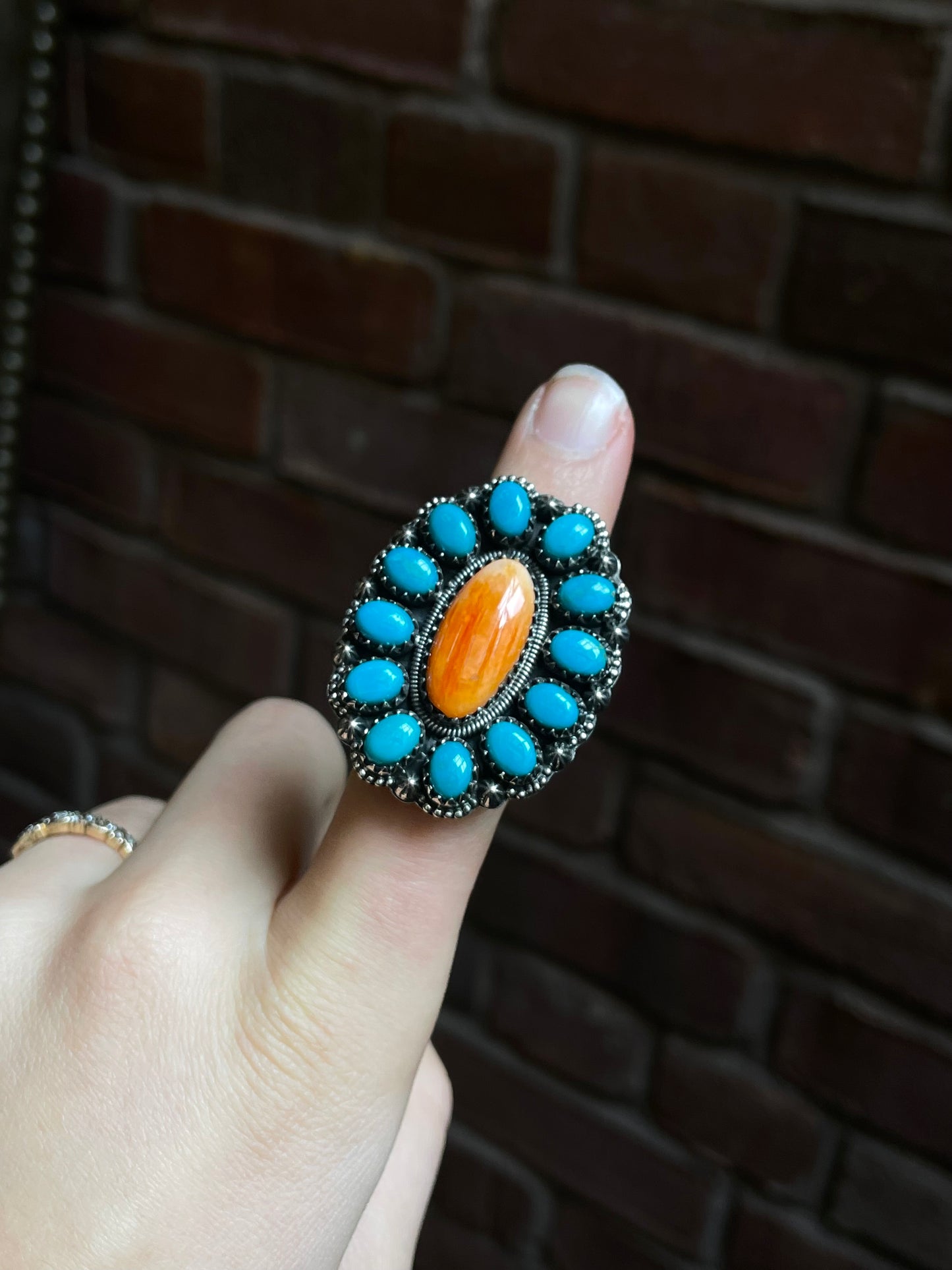 Spiny Oyster Kingman Turquoise Cluster Ring Size 8 | 925 Sterling Silver E112