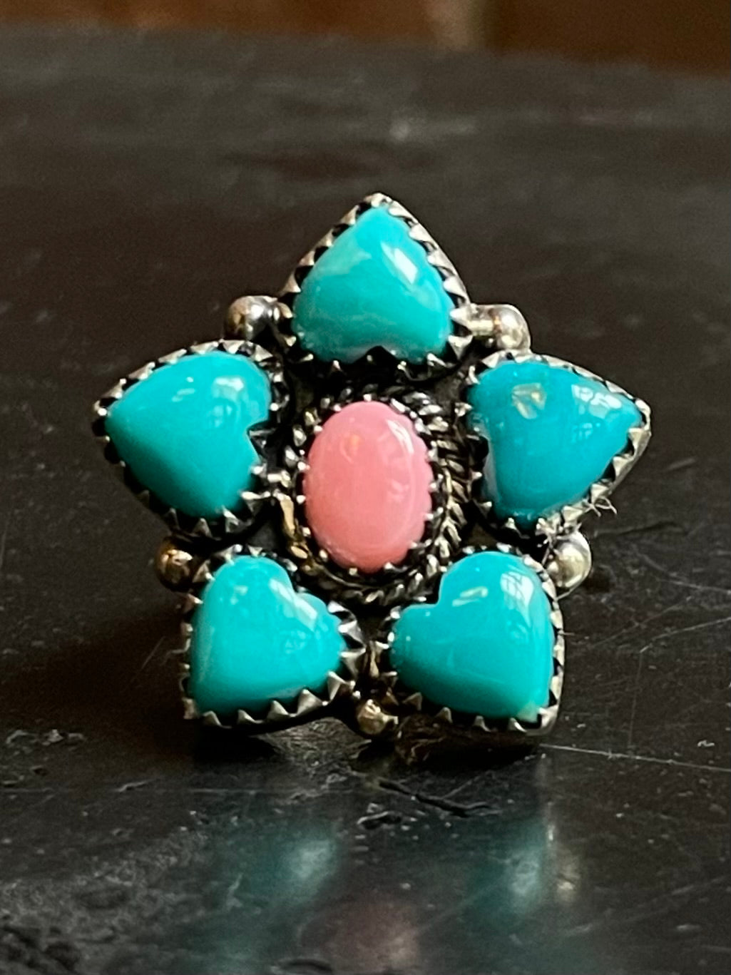 Pink Conch & Kingman Turquoise Flower Ring Size 6 | Sterling Silver G484