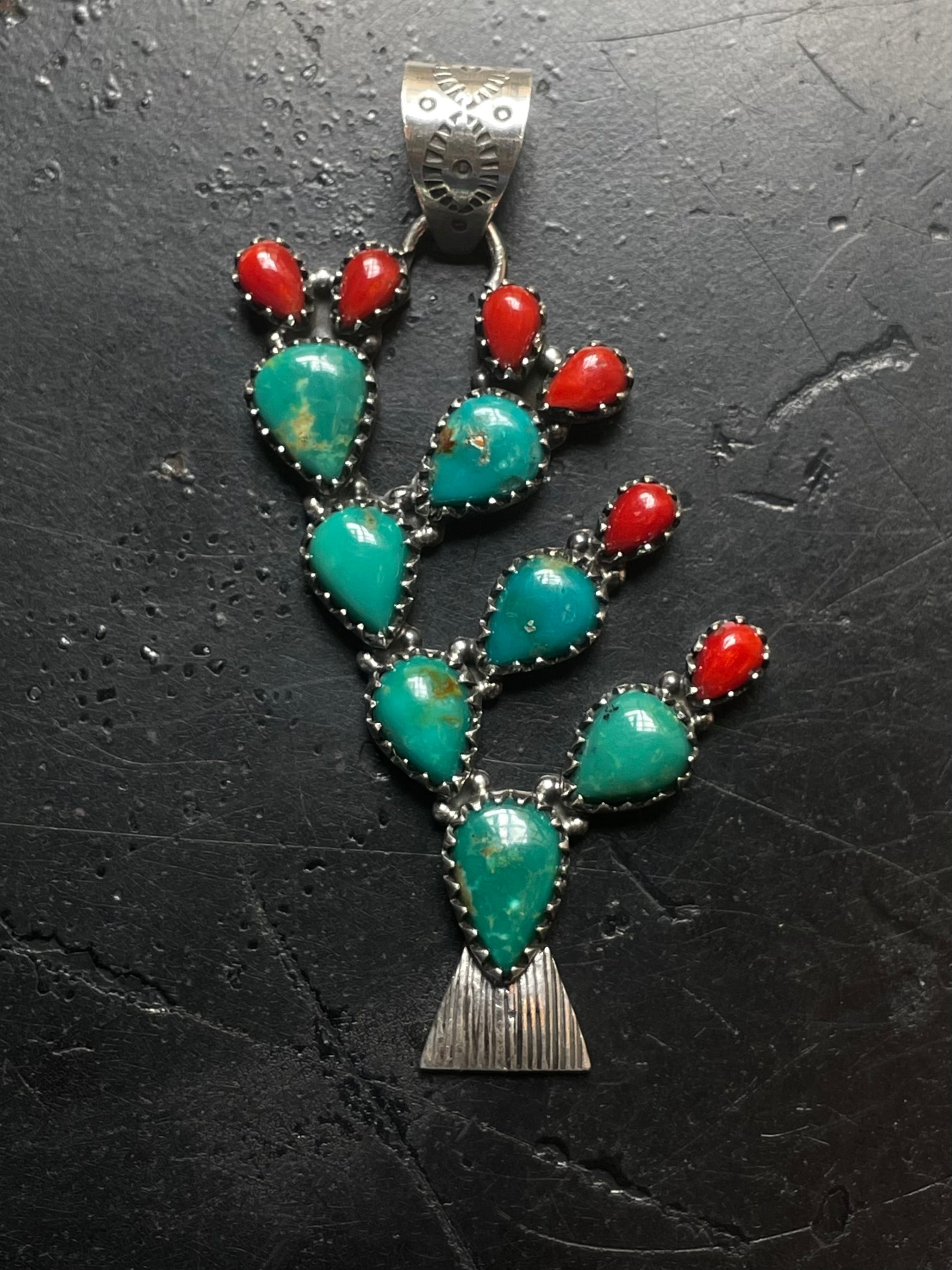 Turquoise Coral Cactus Pendant | Sterling Silver E703