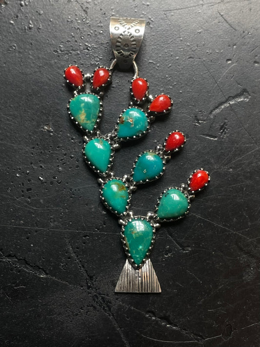 Turquoise Coral Cactus Pendant | Sterling Silver E703