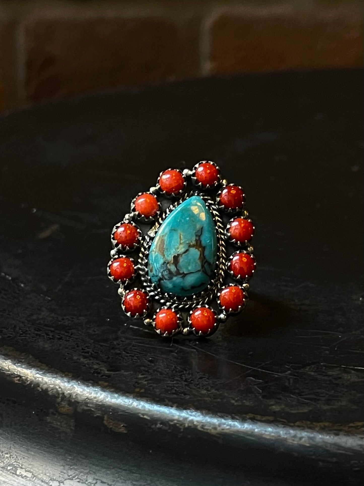 Kingman Turquoise Coral Cluster Ring | Sterling Silver | Size 8 | A184