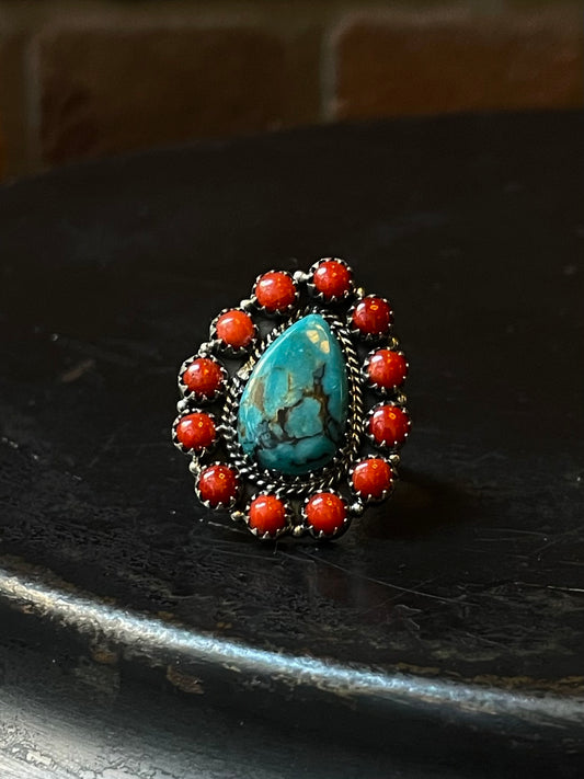 Kingman Turquoise Coral Cluster Ring | Sterling Silver | Size 8 | A184