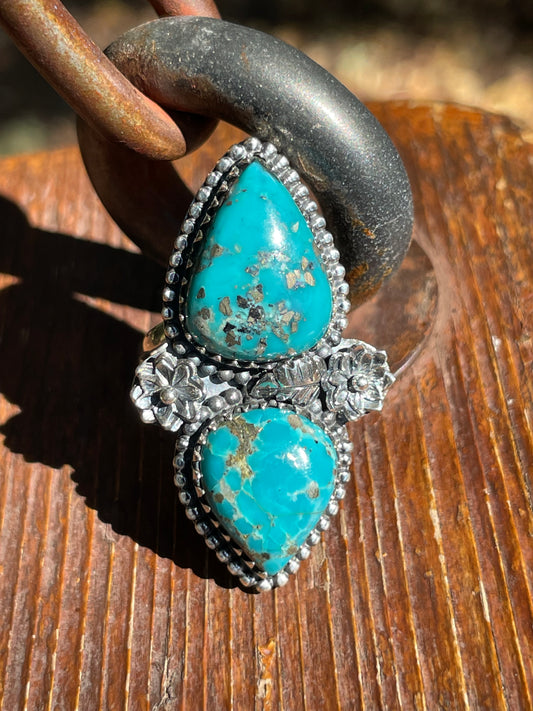 Turquoise Double Stone Floral Design Ring | Sterling Silver 925 | Size 7 B392