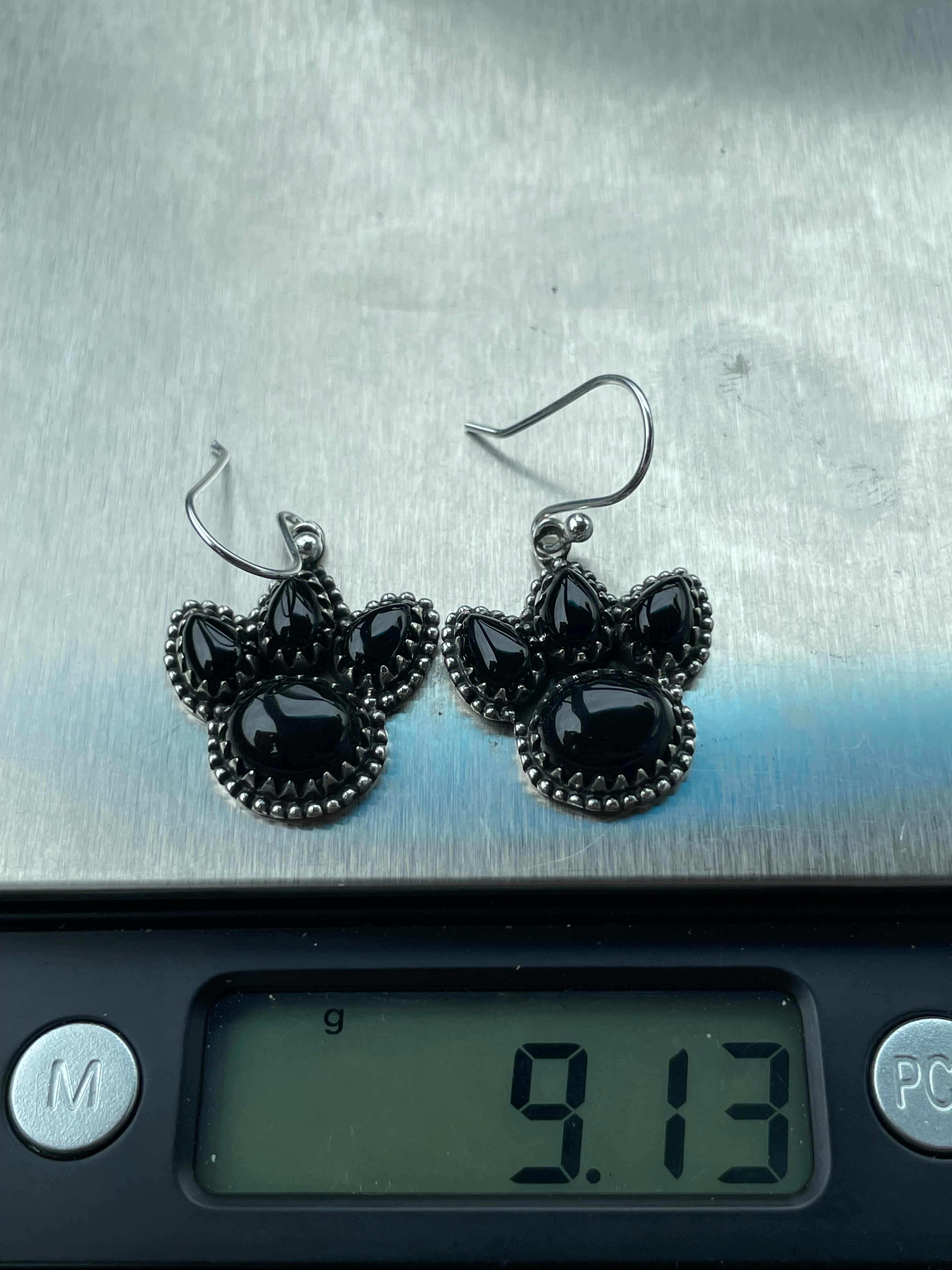 Black Onyx Paw Dangle Earrings | 925 Sterling Silver B963