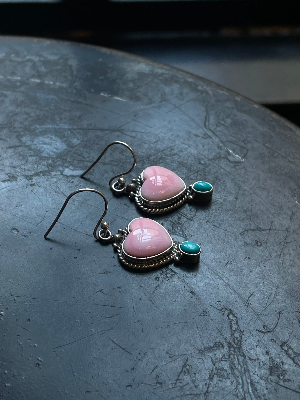 Pink Conch Kingman Turquoise Earrings | Heart Drop Hook E669