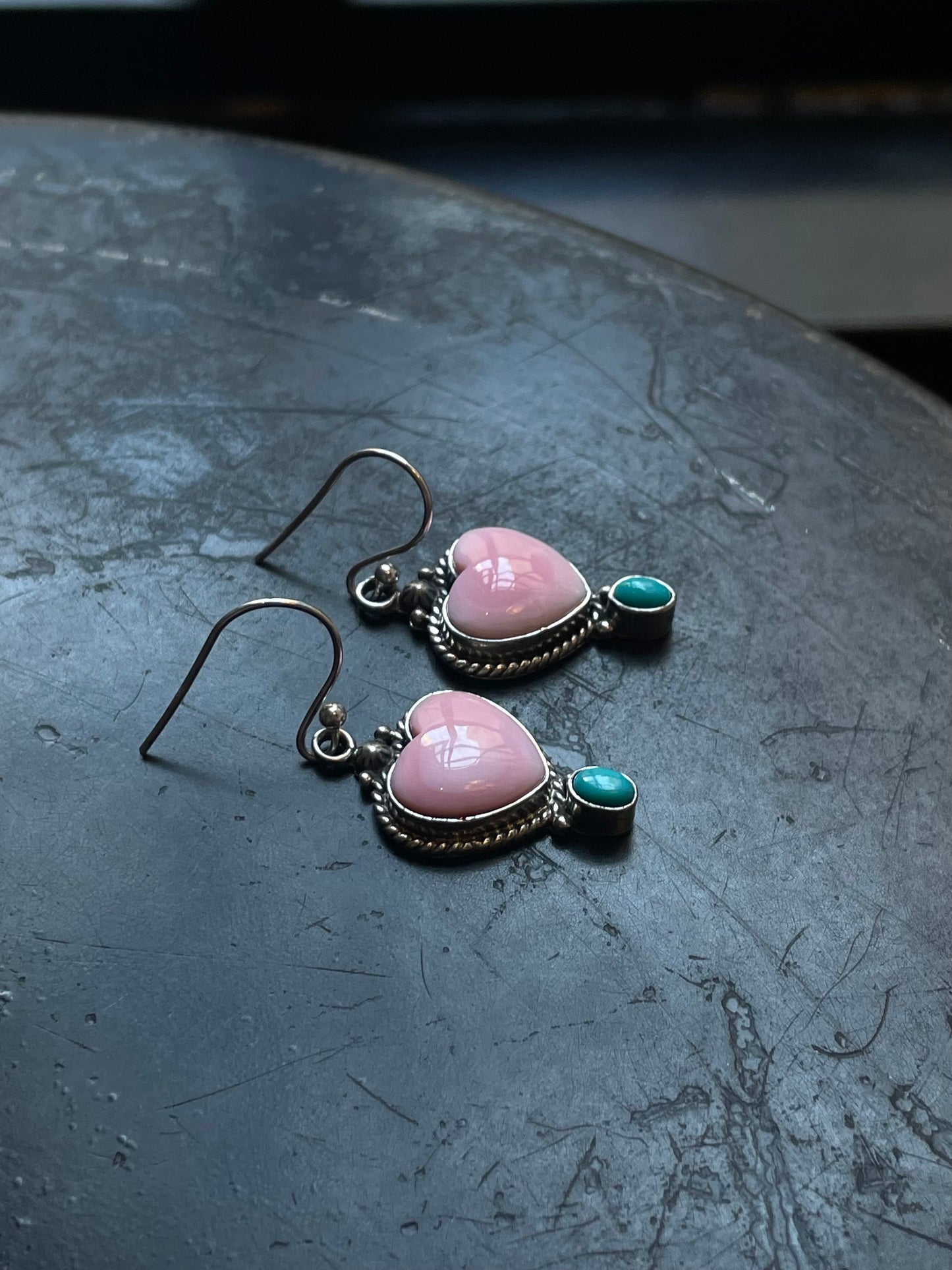 Pink Conch Kingman Turquoise Earrings | Heart Drop Hook E669