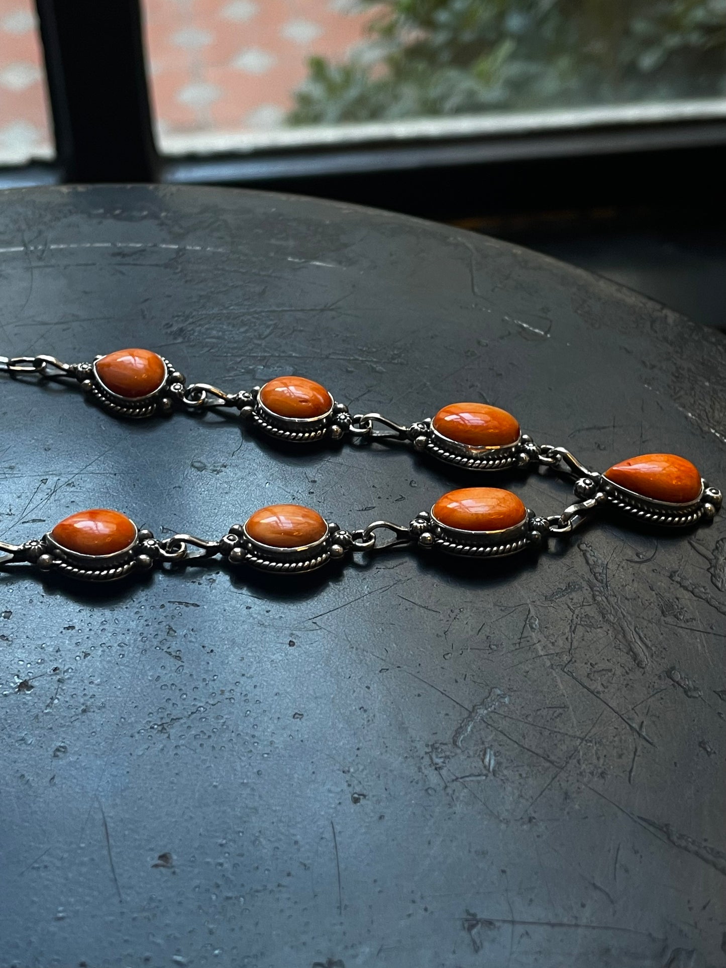 Orange Spiny Oyster Station Necklace | 925 Sterling Silver E600