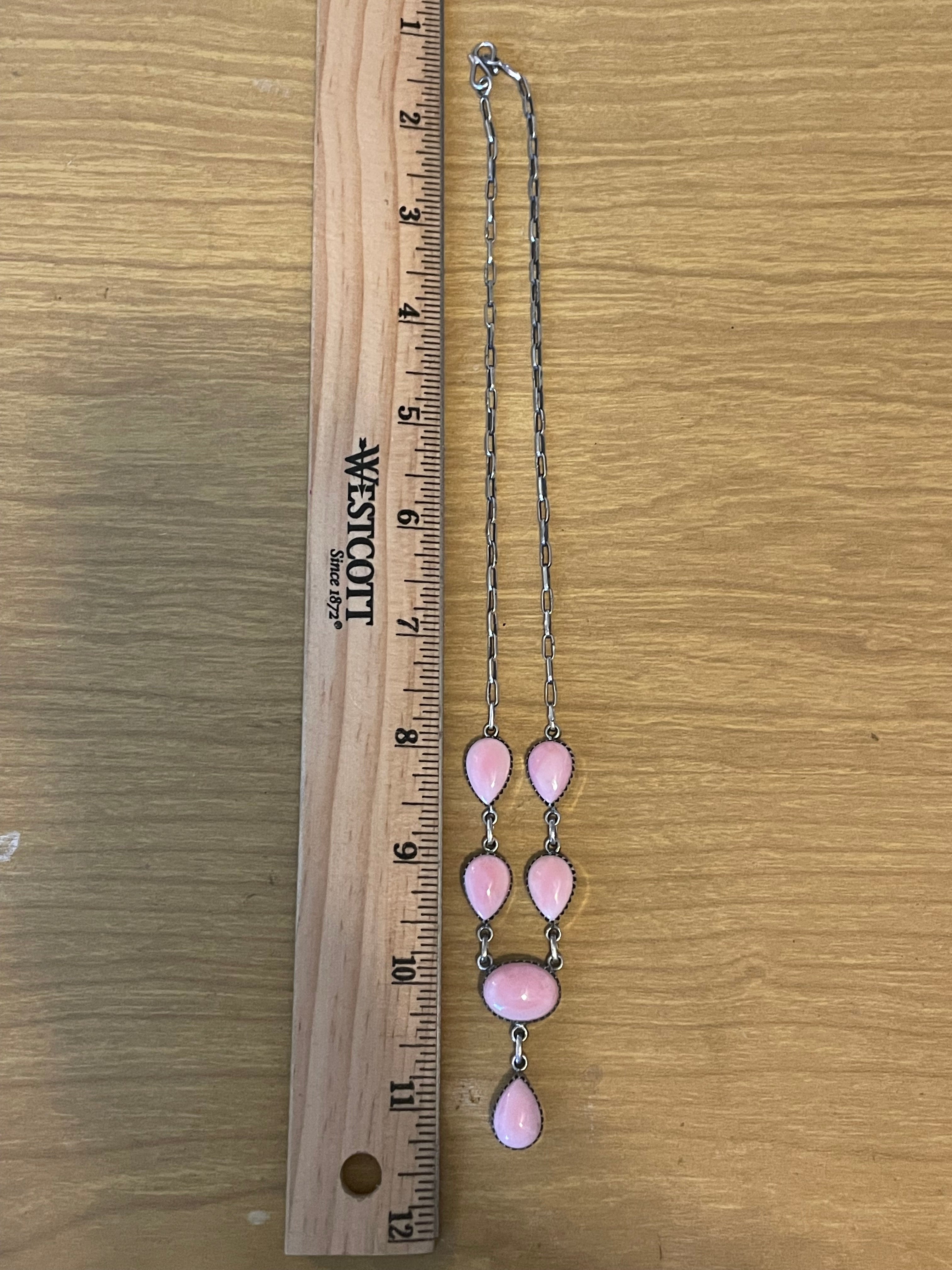 Pink Conch Lariat Necklace | Teardrop Station Drop | 925 Silver E554