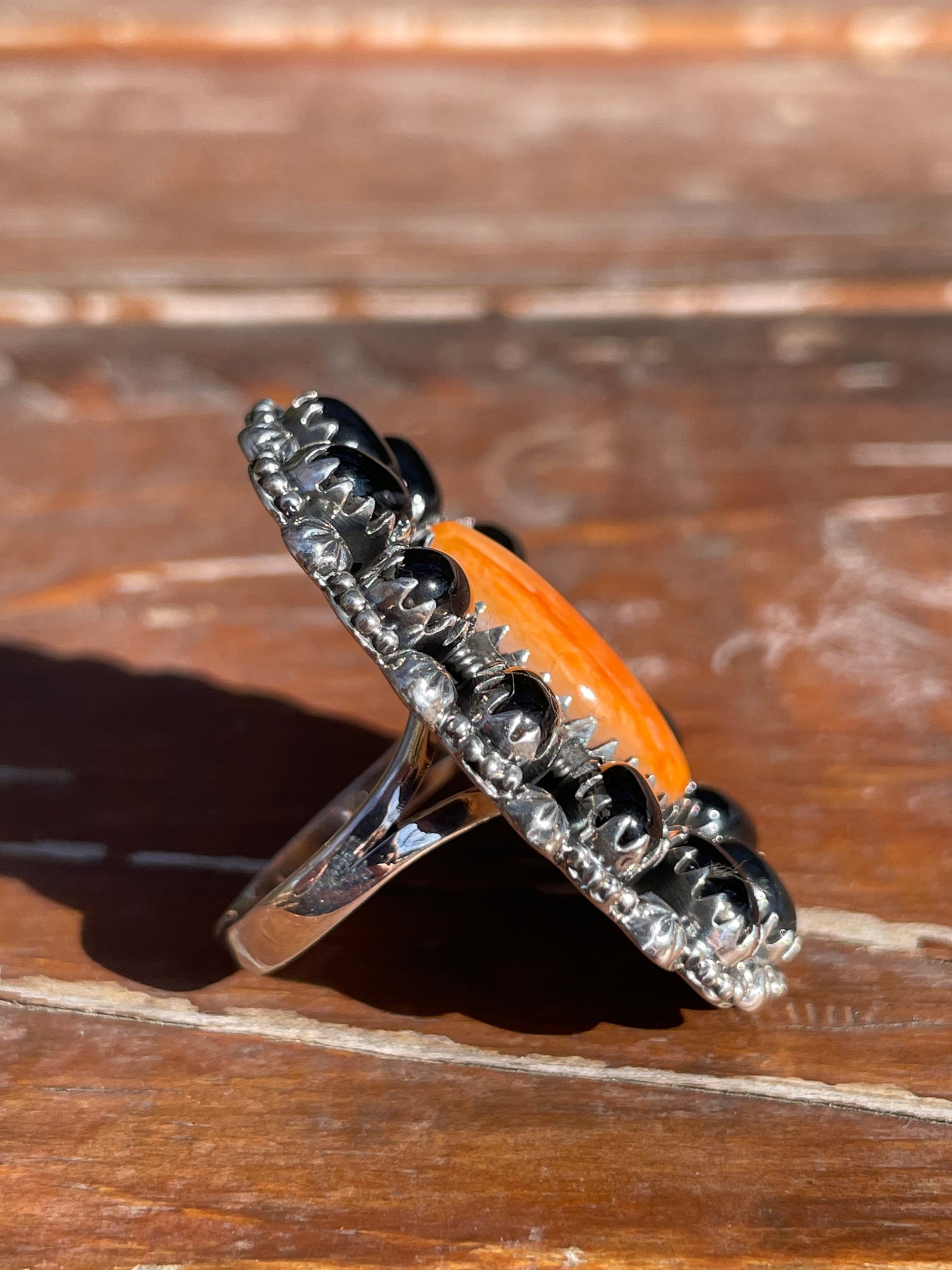 Spiny Oyster Black Onyx Cluster Ring Size 8.5 | 925 Sterling Silver D110