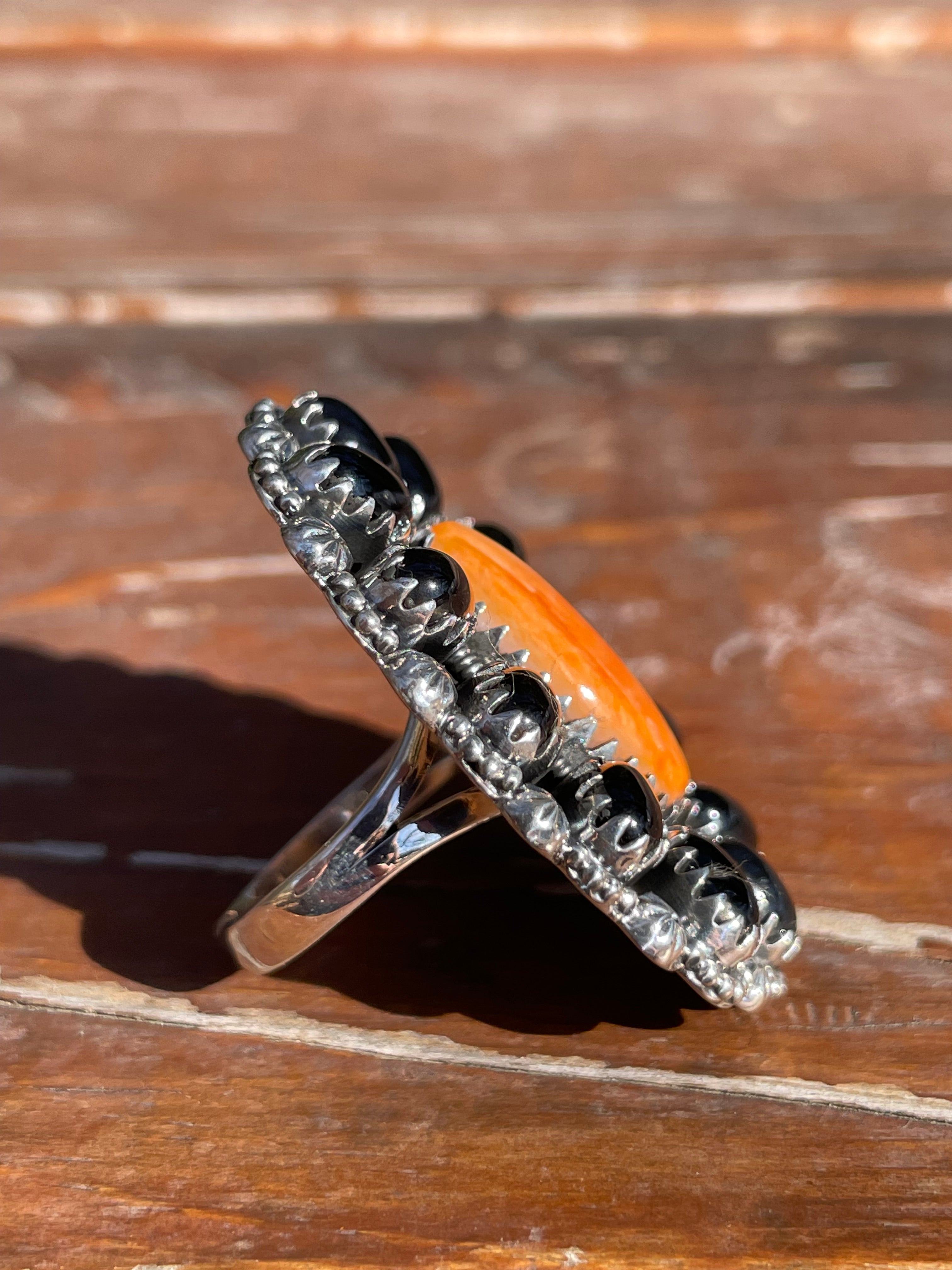 Spiny Oyster Black Onyx Cluster Ring Size 8.5 | 925 Sterling Silver D110