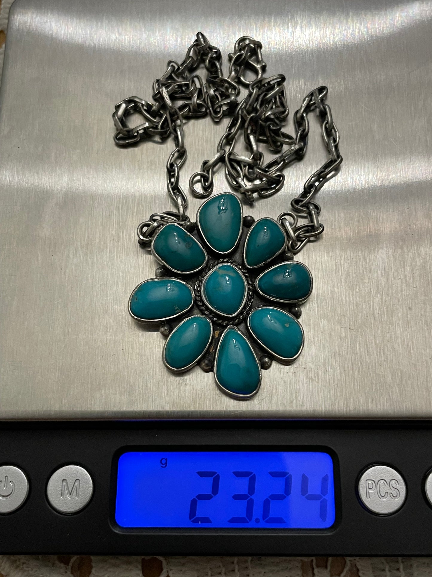 Kingman Turquoise Flower Necklace | Sterling Silver 925 Cluster| B891