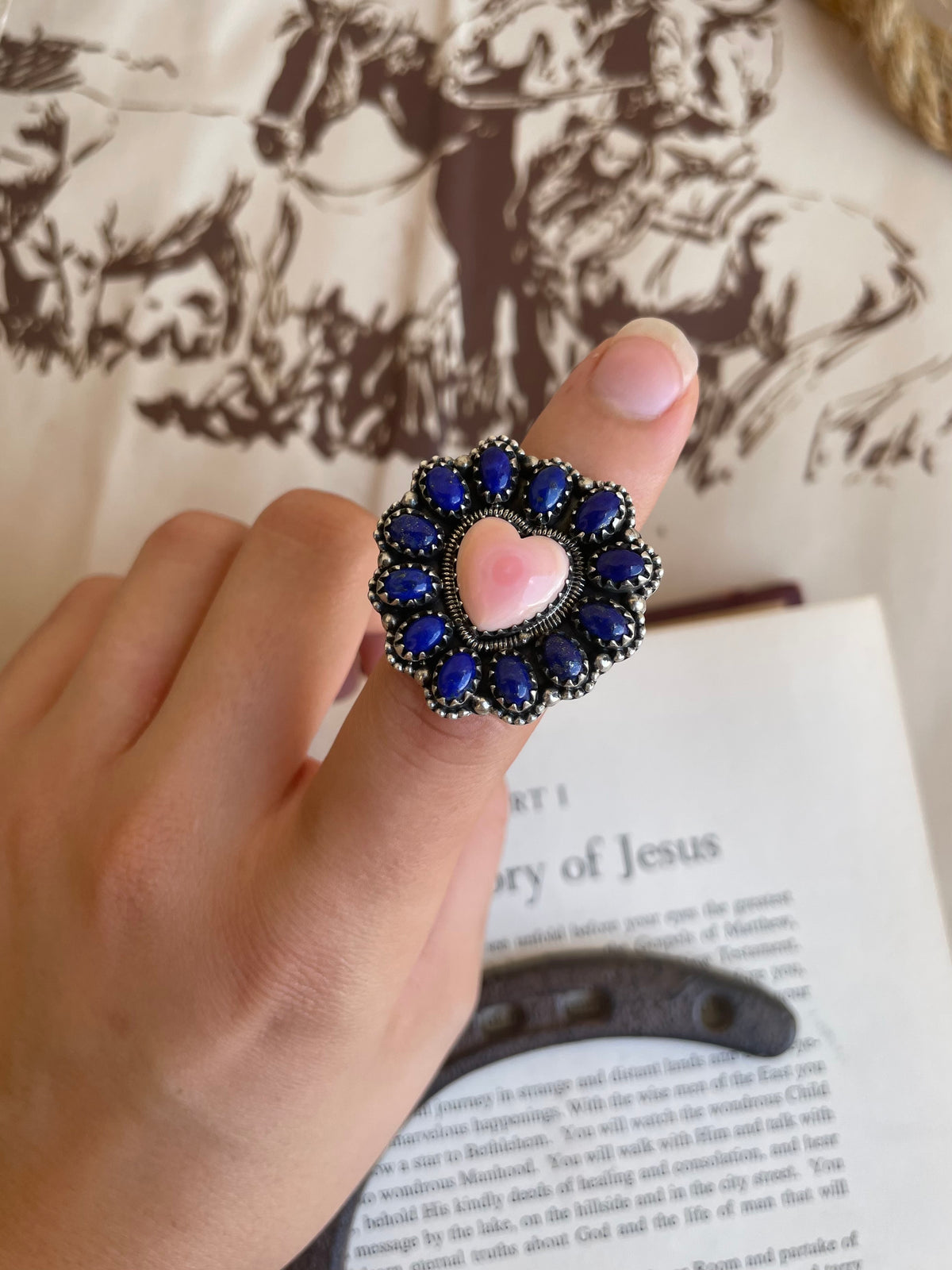 Lapis & Pink Conch Heart Ring | 925 Sterling Silver | Size 7.25 G830
