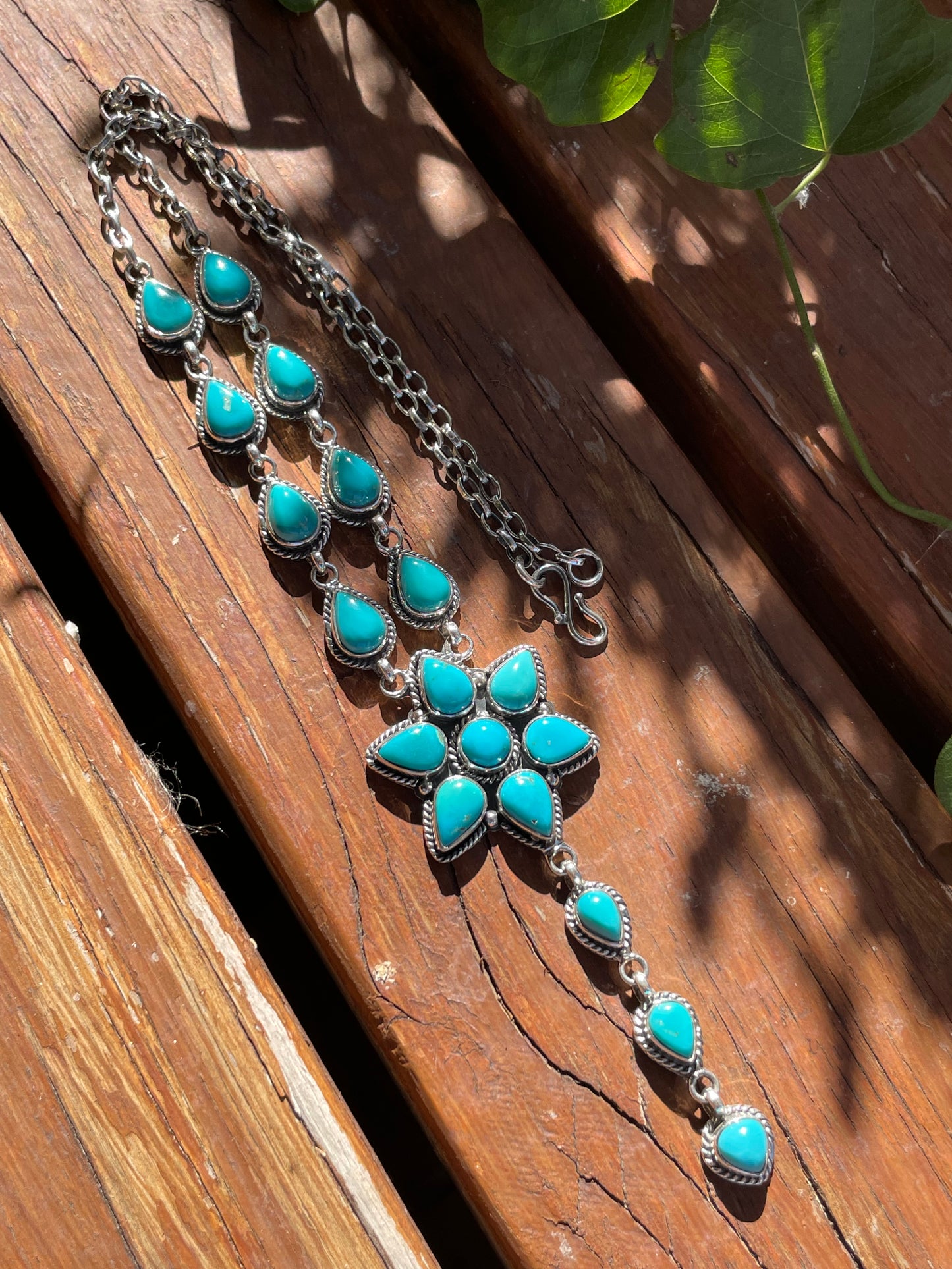 Kingman Turquoise Blossom Necklace | Cascading Starburst Drop | Sterling Silver B877