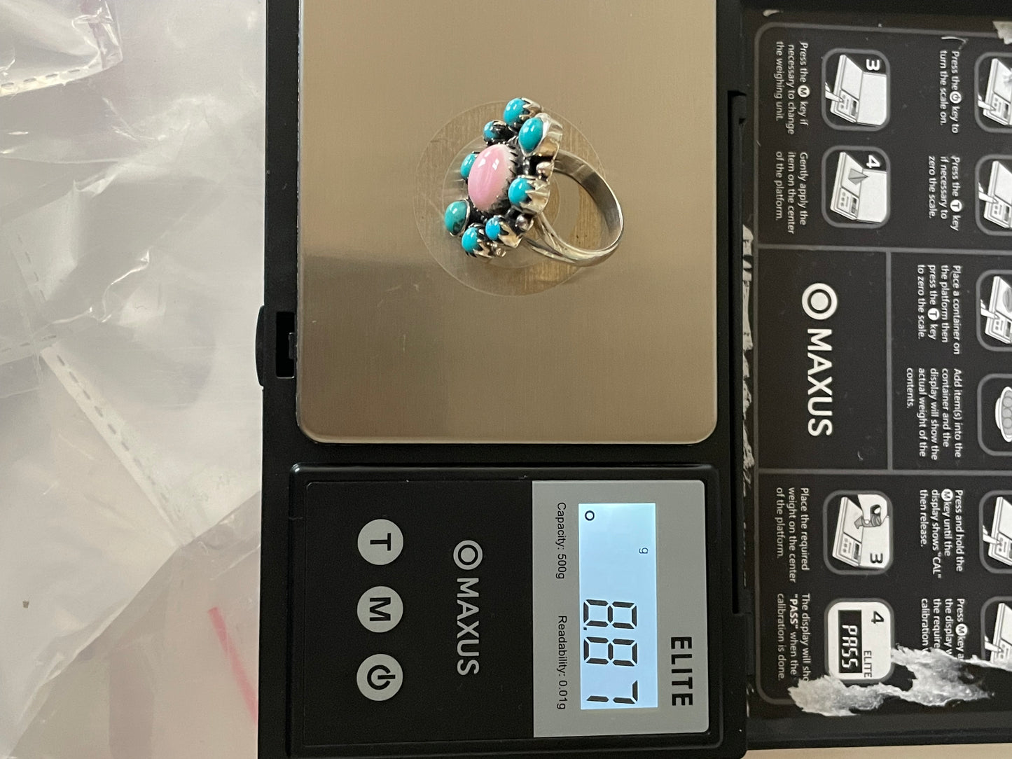 Pink Conch & Kingman Turquoise Cluster Ring Size 7.5 | 925 Sterling Silver E418