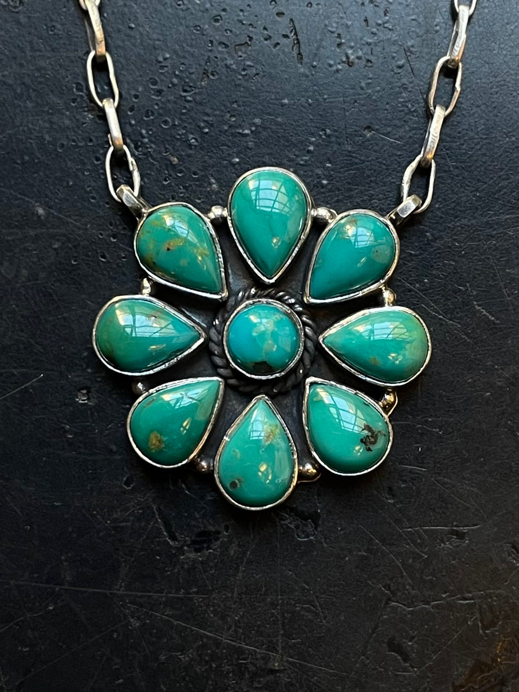 Kingman Turquoise Cluster Necklace | Sterling Silver E829