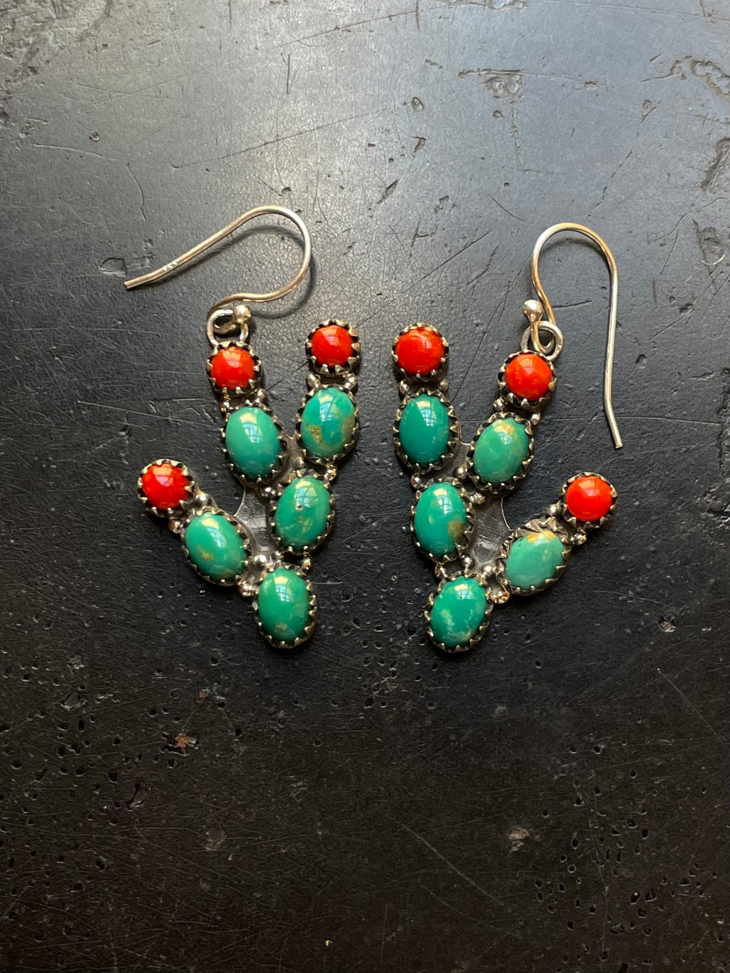 Kingman Turquoise & Italian Coral Prickly Pear Hook Earrings | 925 Sterling Silver G656