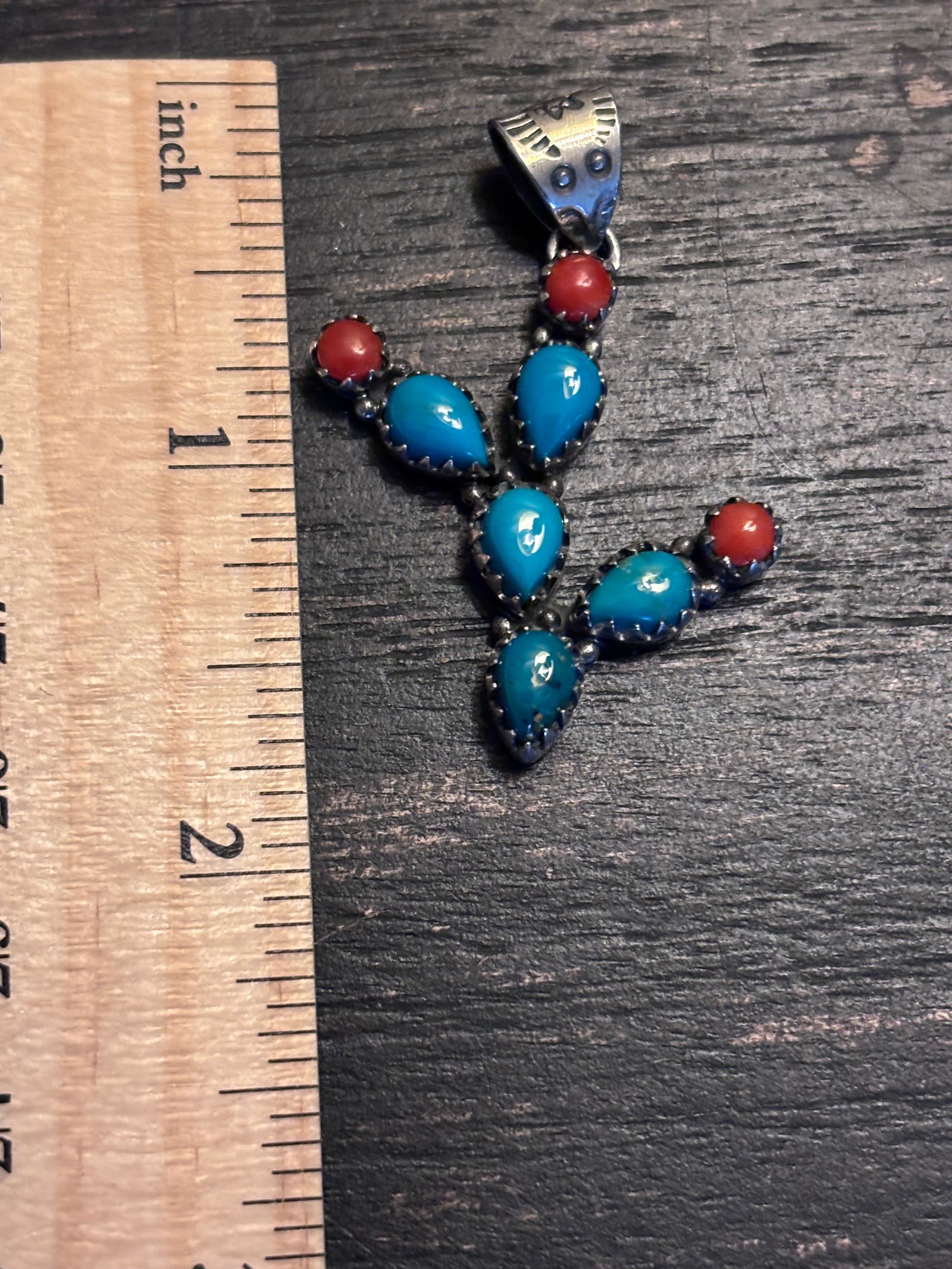 Turquoise Coral Cactus Pendant | Sterling Silver Southwestern Style A091