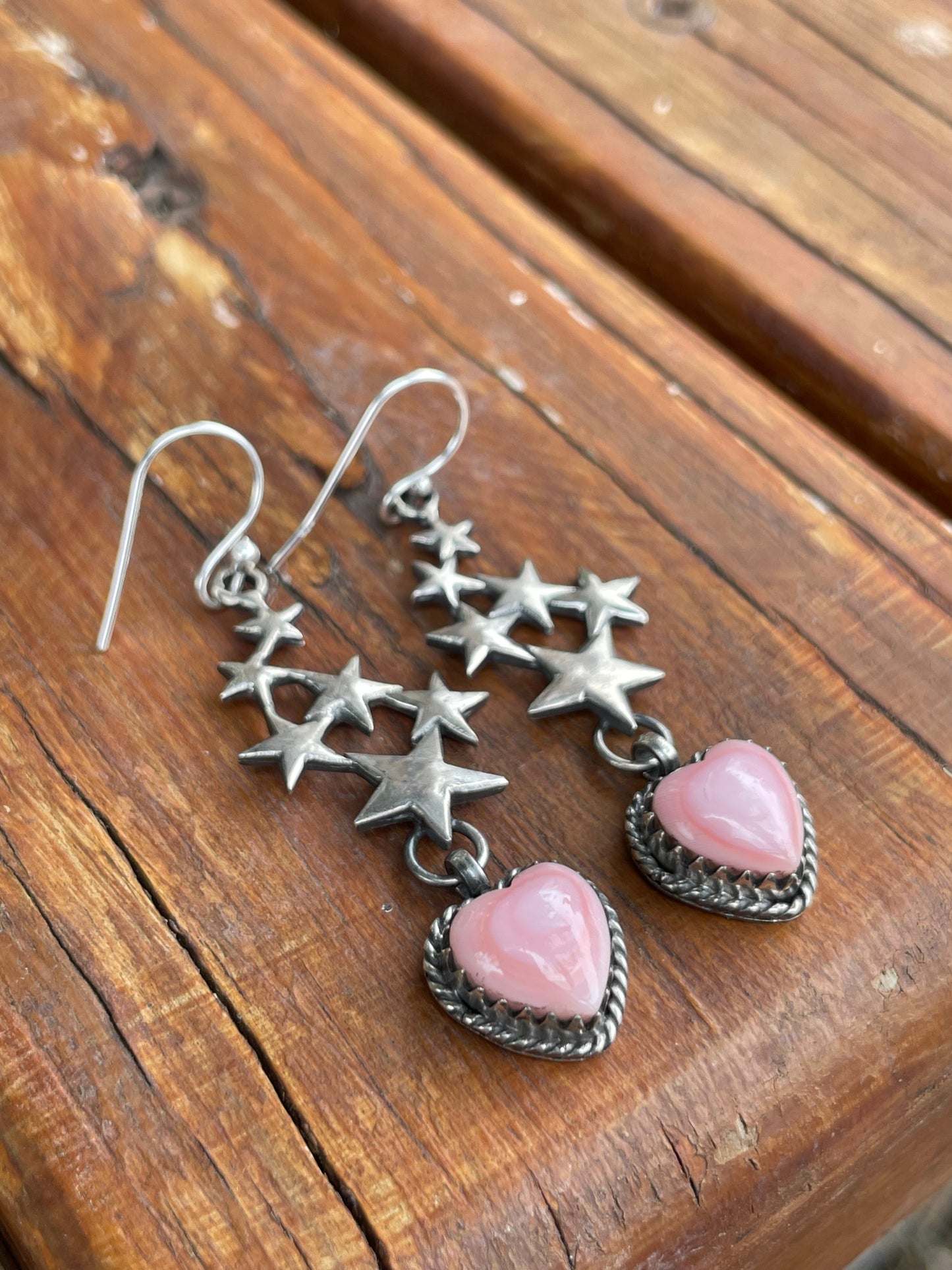 Pink Conch Heart & Stars Dangle Earrings | 925 Sterling Silver B960