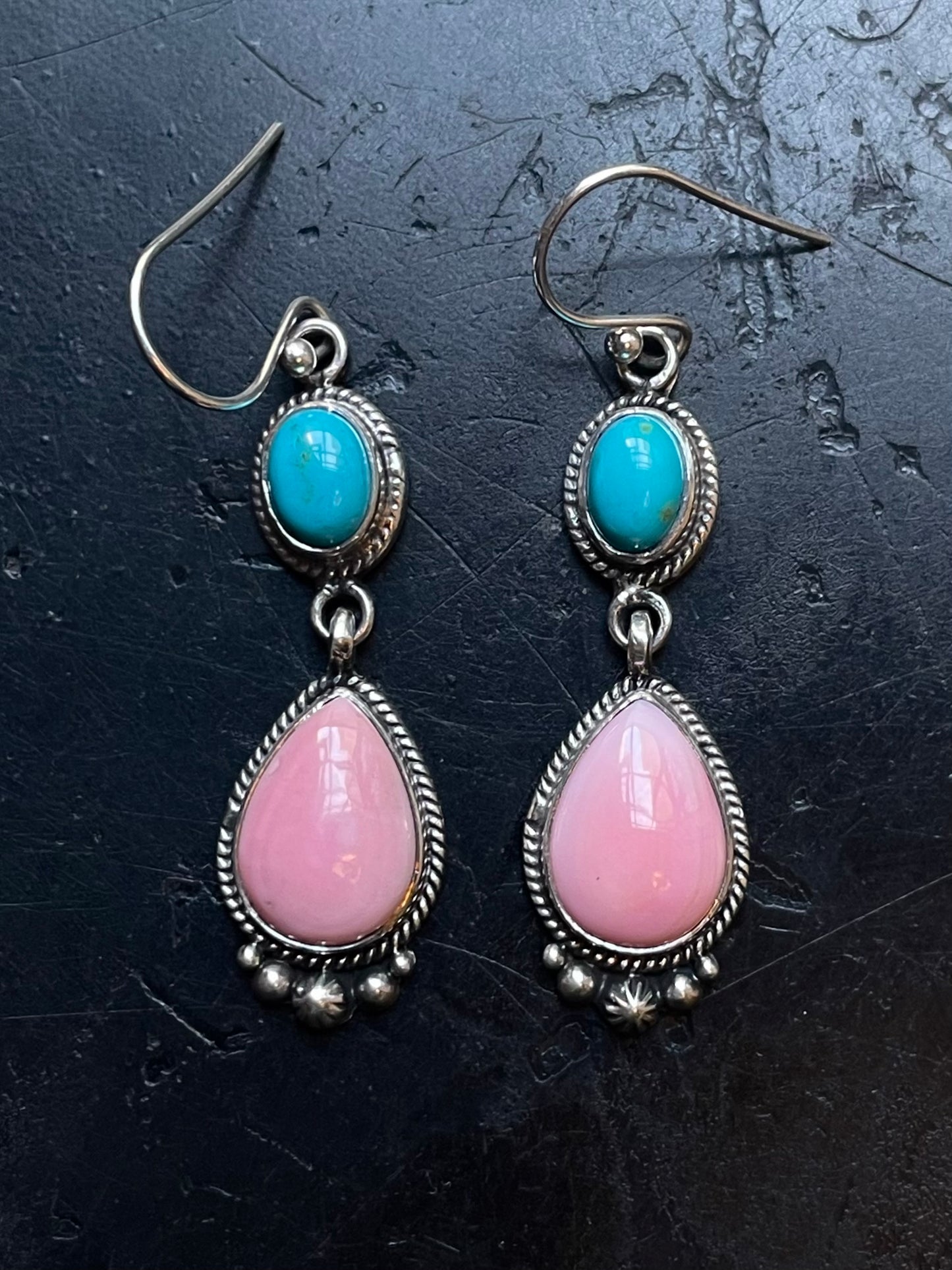 Pink Conch Kingman Turquoise Earrings | Teardrop Drop Hook E667