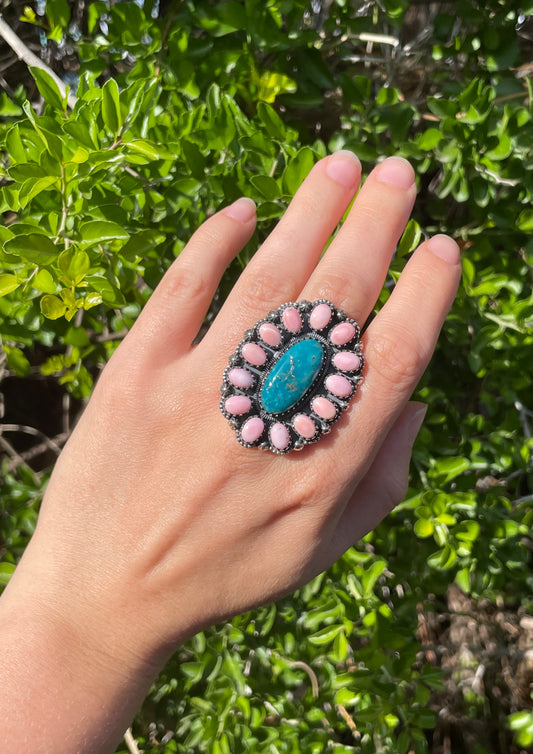 Turquoise & Pink Conch Ring Size 9 | 925 Sterling Silver B585