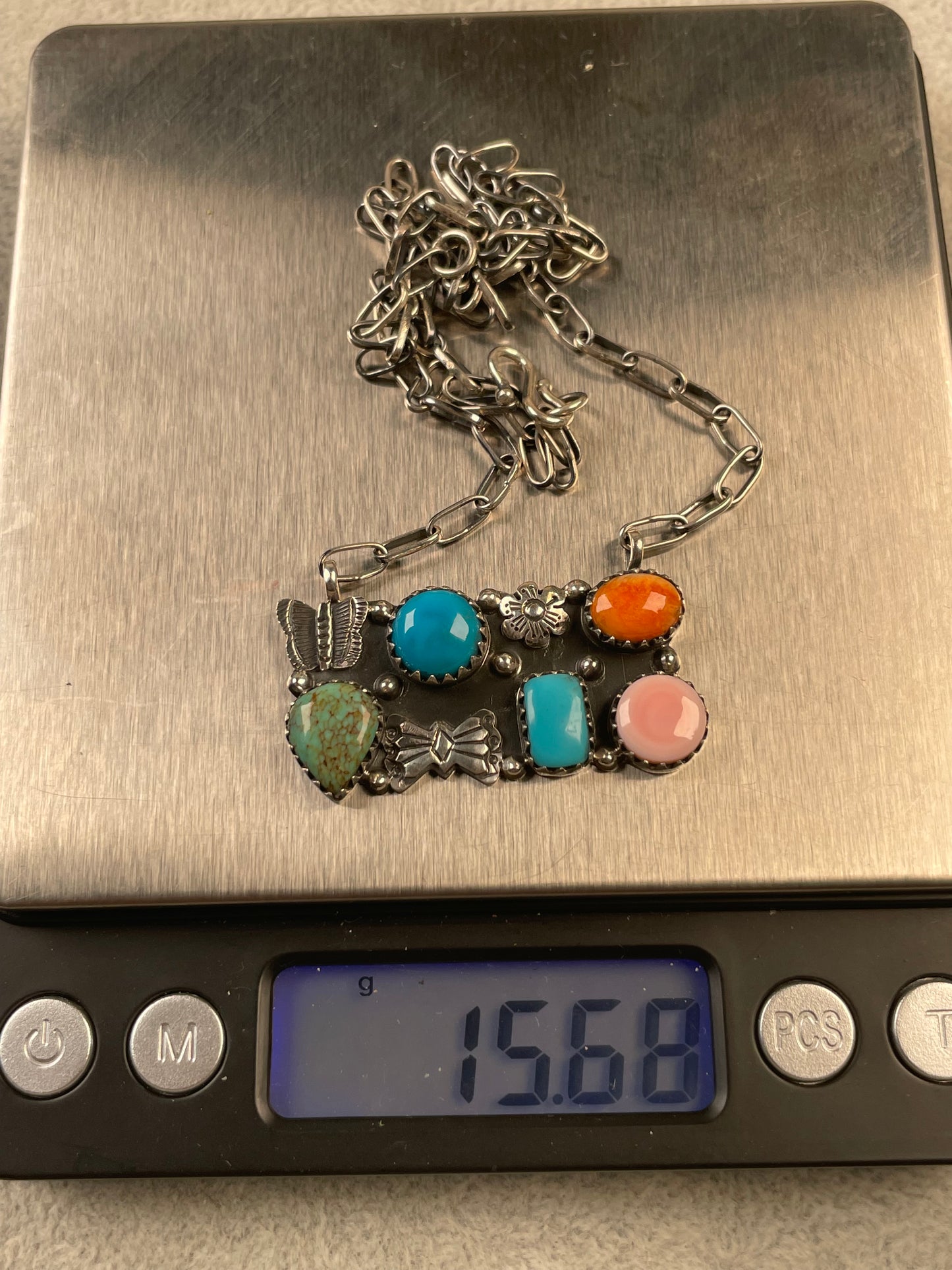 Turquoise, Pink Conch & Spiny Oyster Butterfly Necklace | Sterling Silver D166