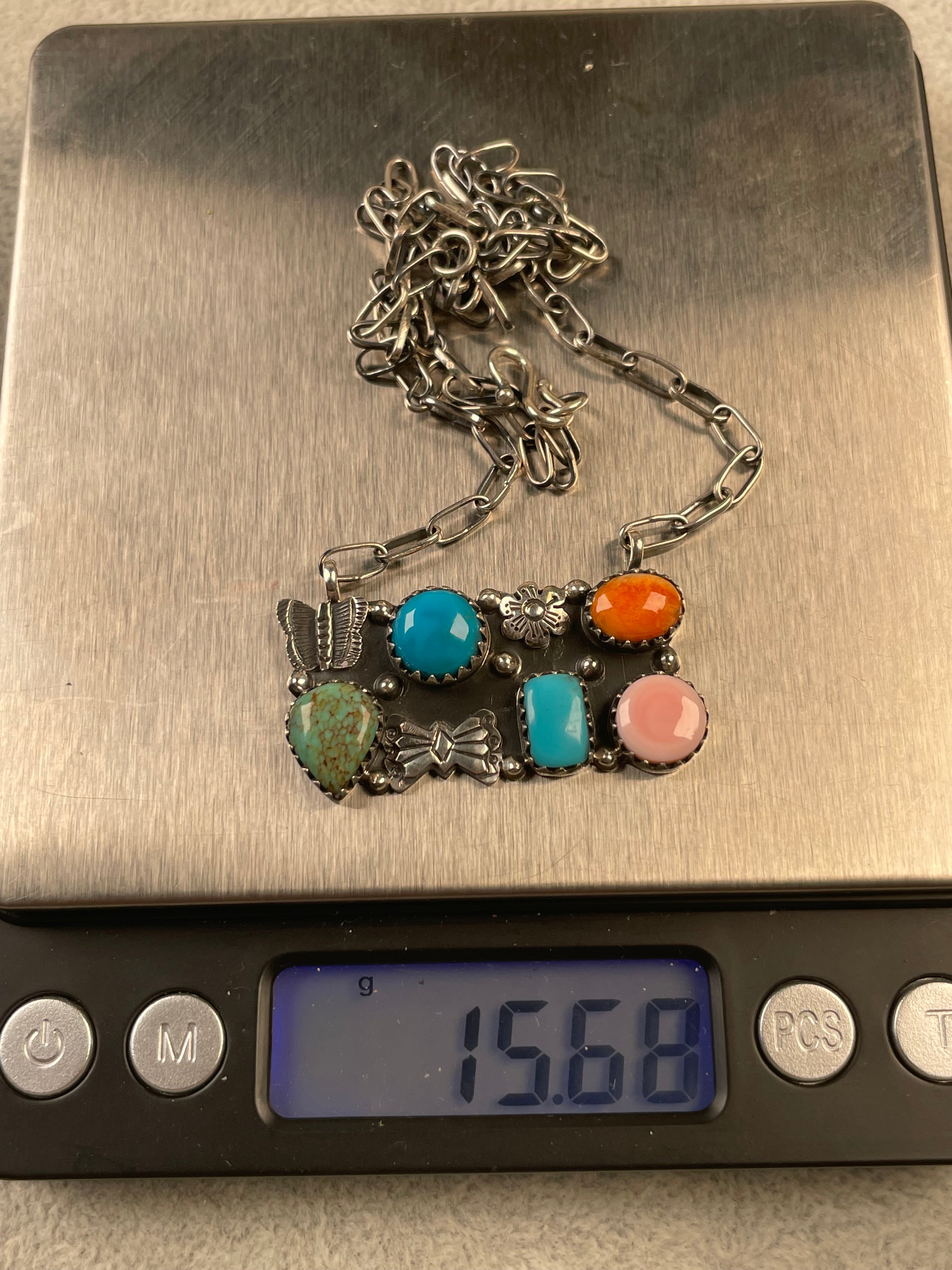Turquoise, Pink Conch & Spiny Oyster Butterfly Necklace | Sterling Silver D166