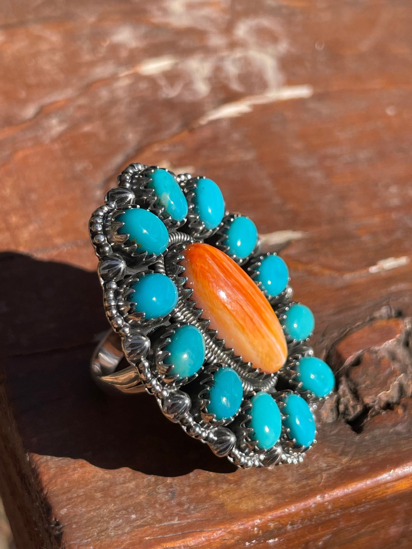 Spiny Oyster Kingman Turquoise Cluster Ring Size 6 | 925 Sterling Silver B999