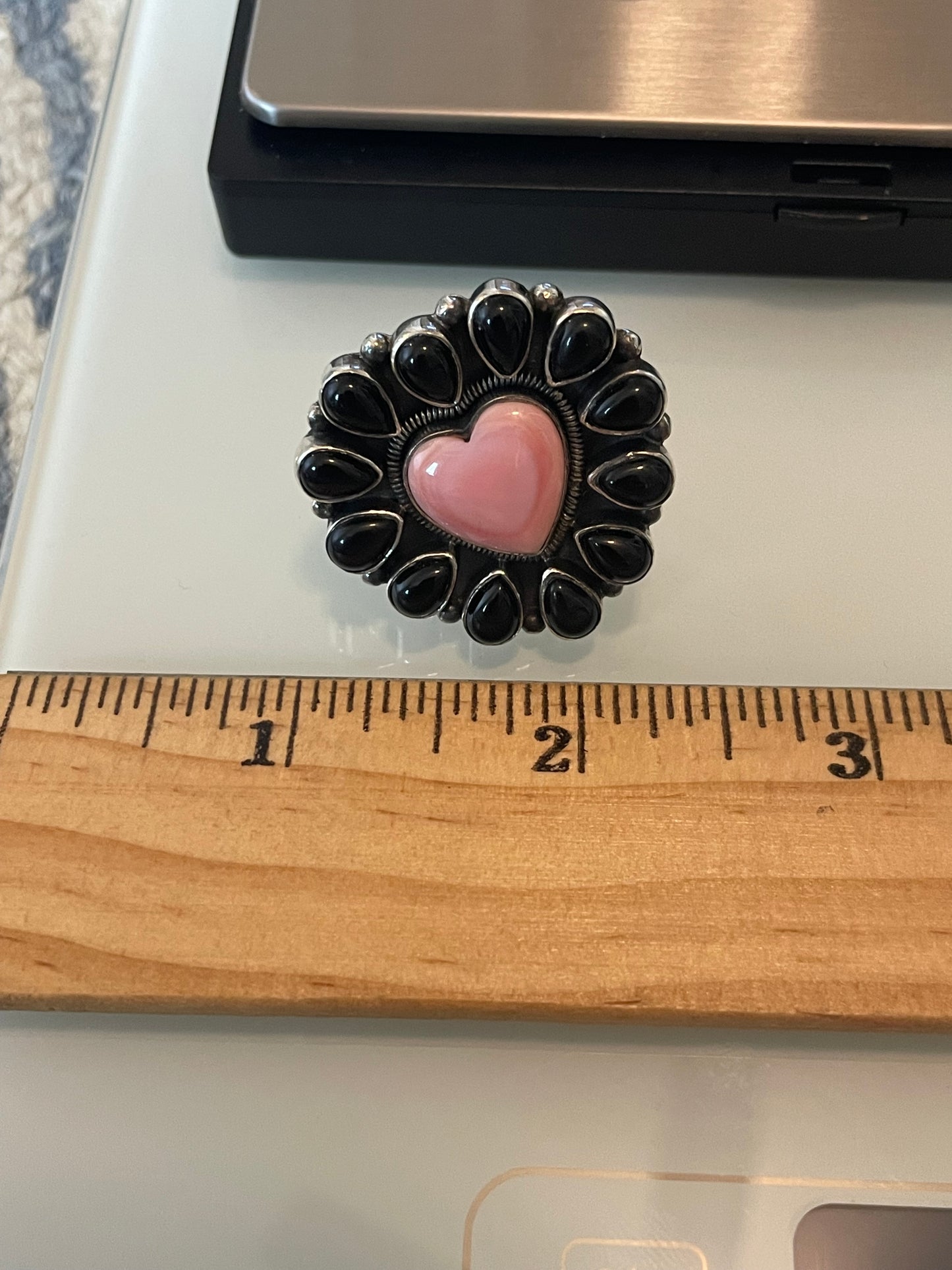 Pink Conch Heart & Black Onyx Cluster Ring | Sterling Silver | Size 7 G338