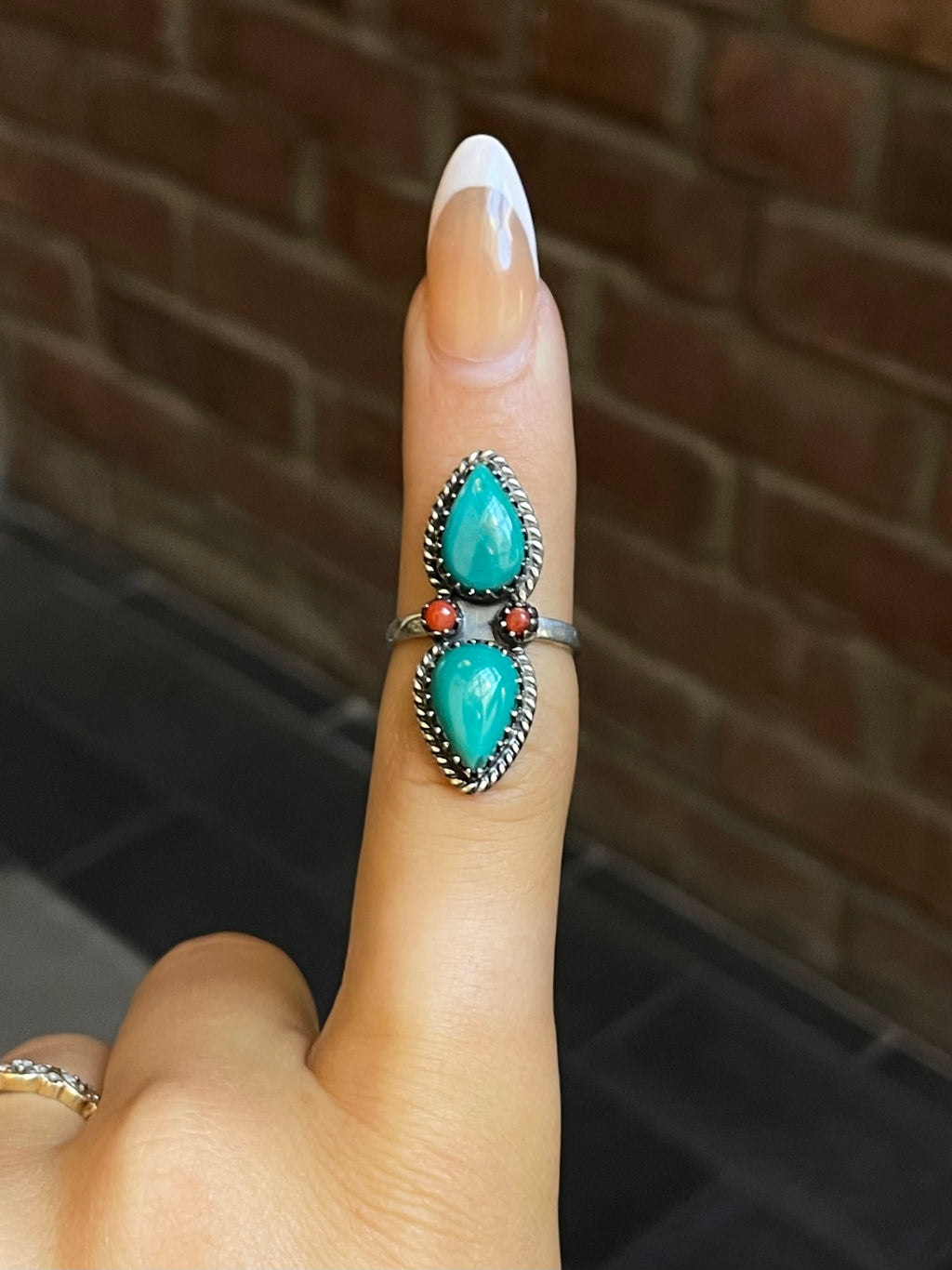 Turquoise & Coral Tear Drop Ring Size 6 | Sterling Silver E876