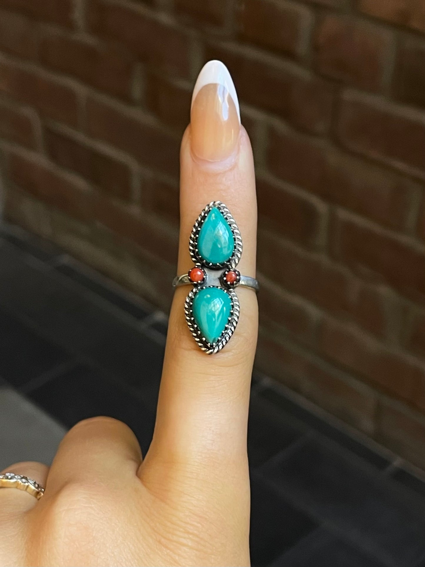 Turquoise & Coral Tear Drop Ring Size 6 | Sterling Silver E876
