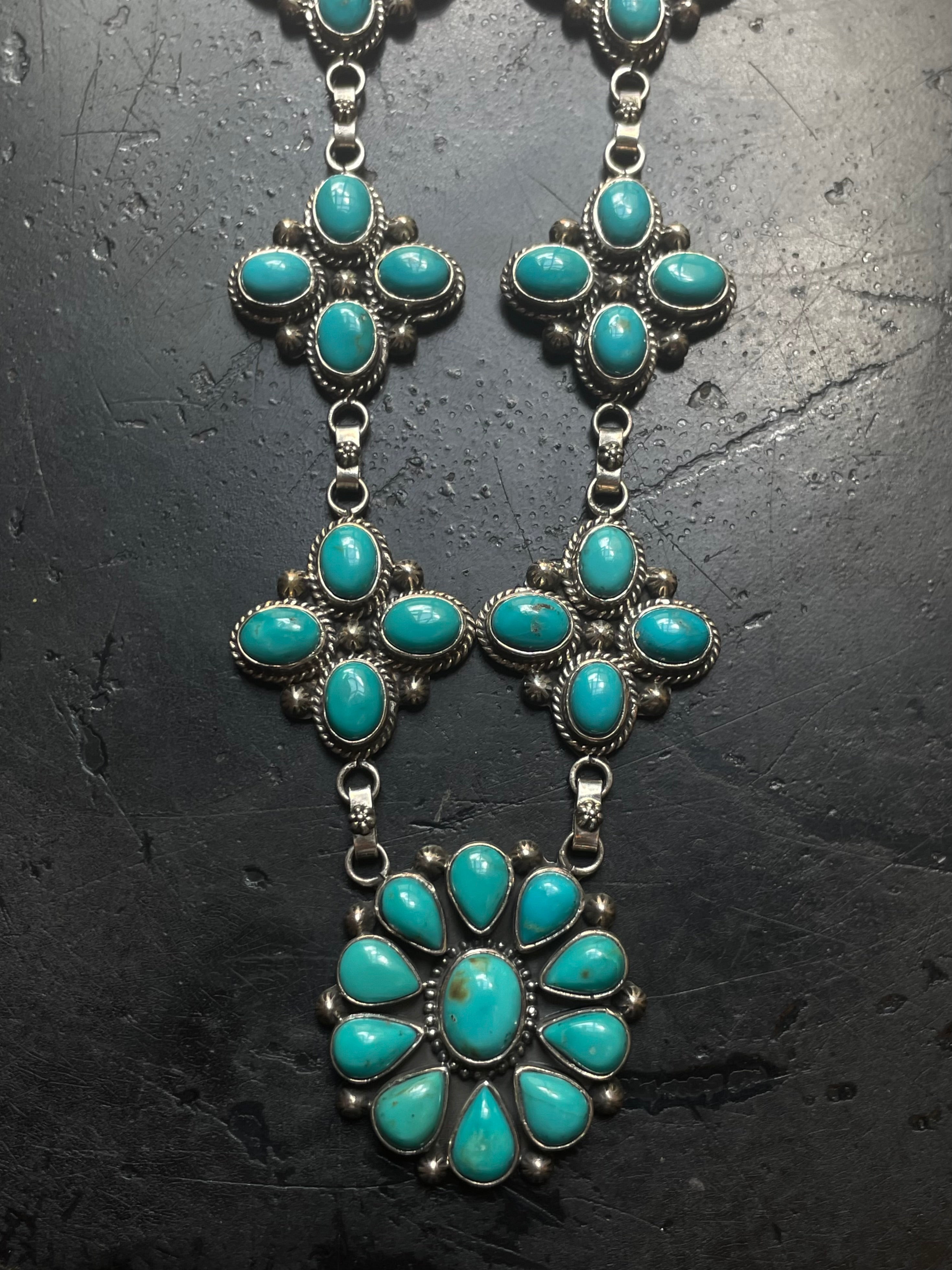 Kingman Turquoise Flower Cluster Lariat Necklace | 925 Sterling Silver G599