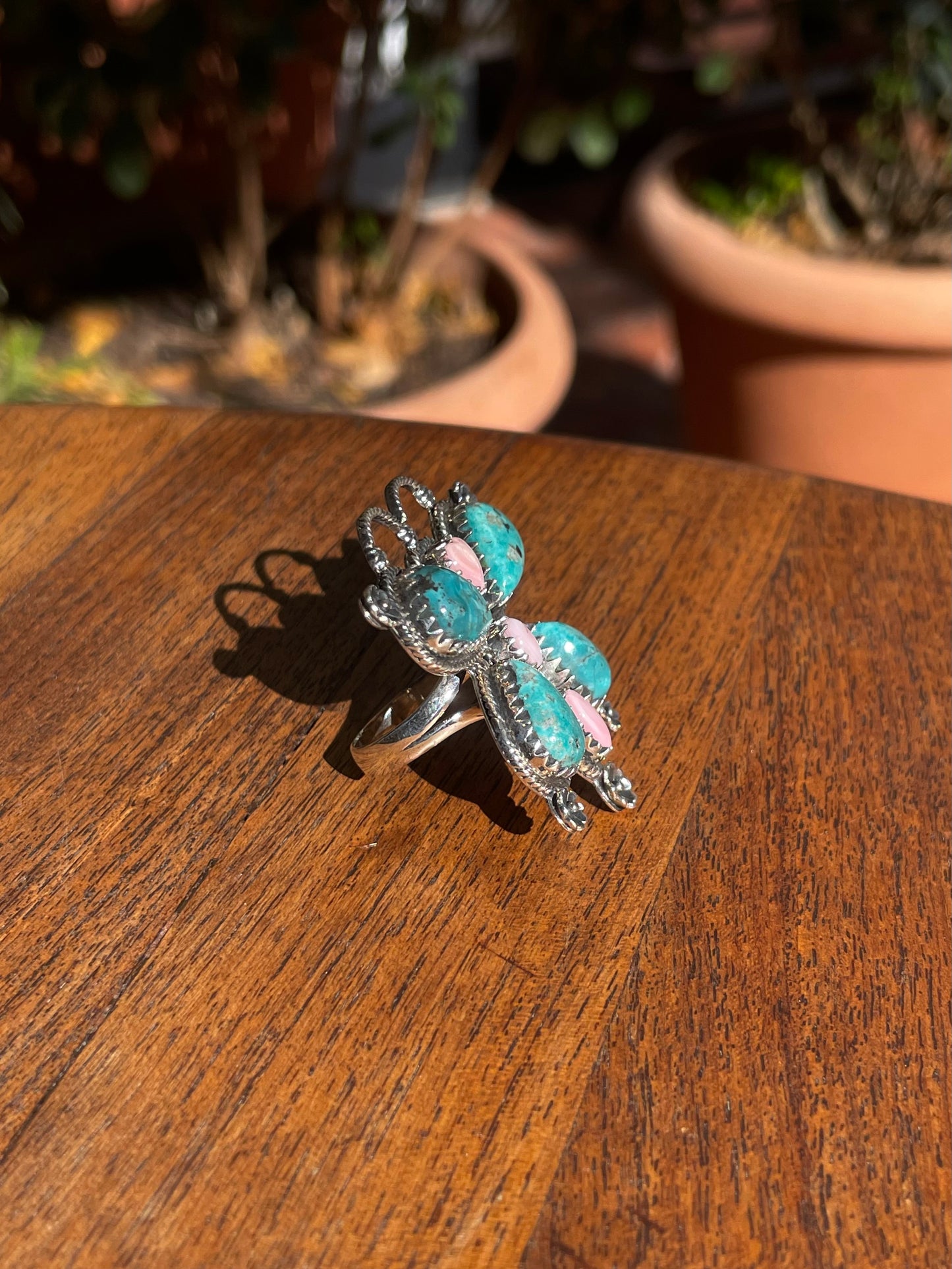 Kingman Turquoise Pink Conch Cluster Ring | Sterling Silver | Size 7 C851
