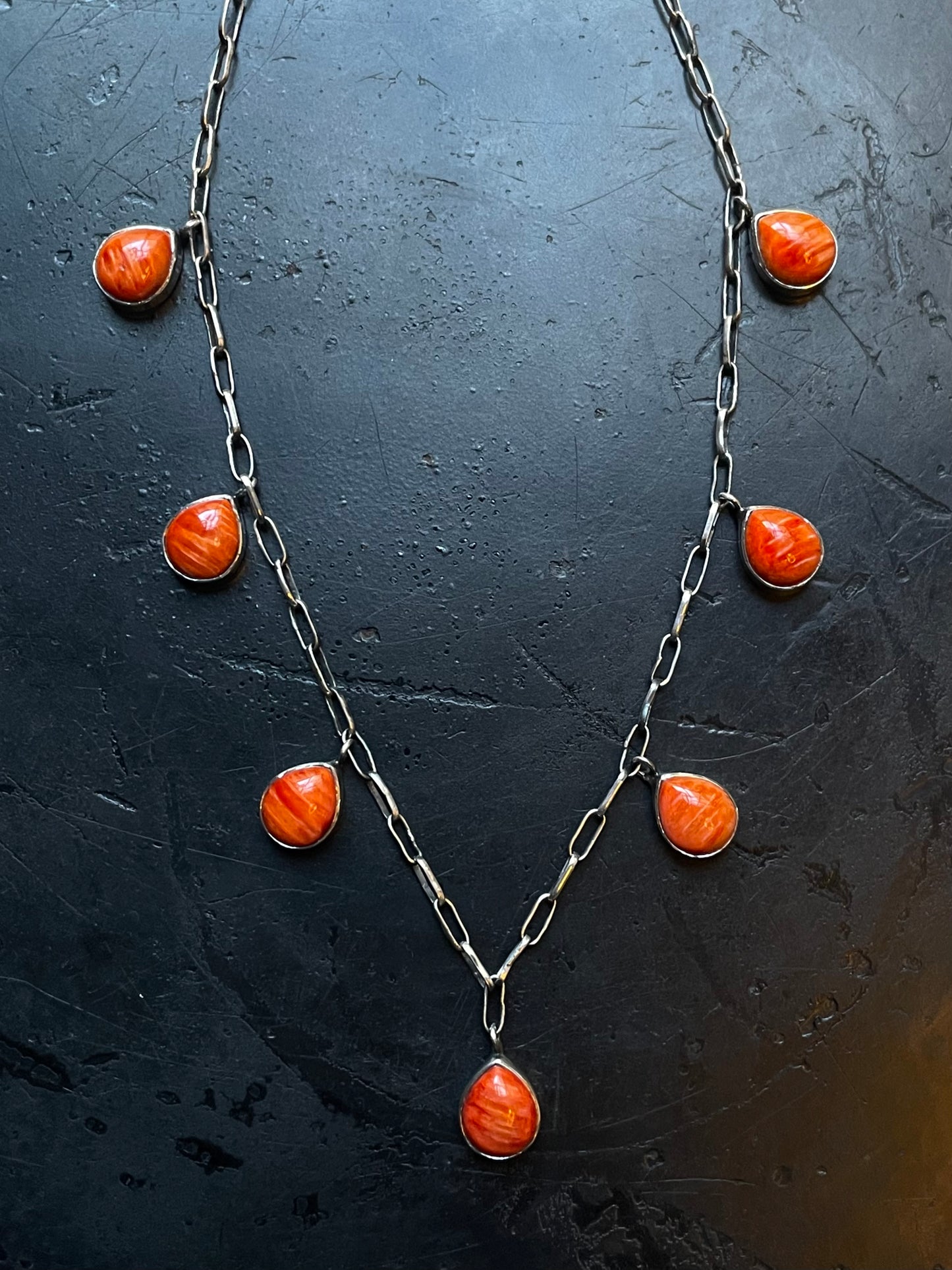 Orange Spiny Oyster Drop Station Necklace | 925 Sterling Silver E599