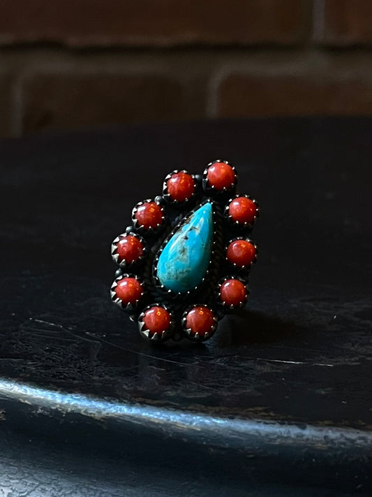 Kingman Turquoise Coral Cluster Ring | Sterling Silver | Size 6 | A172