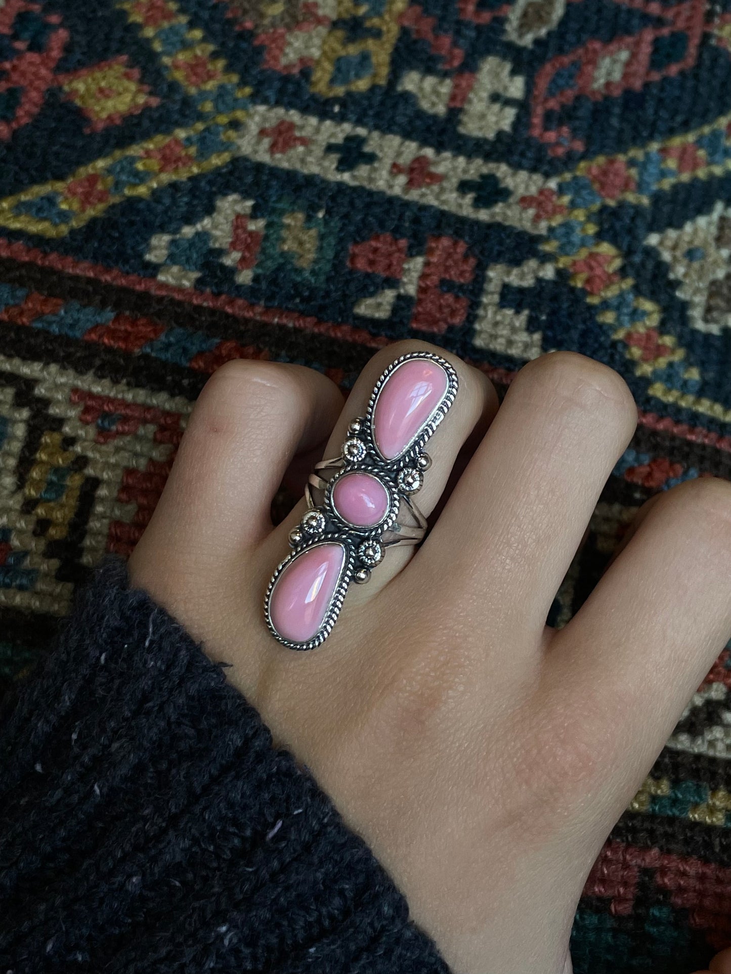 Pink Conch 3 Stone Ring Size 7 | 925 Sterling Silver C584