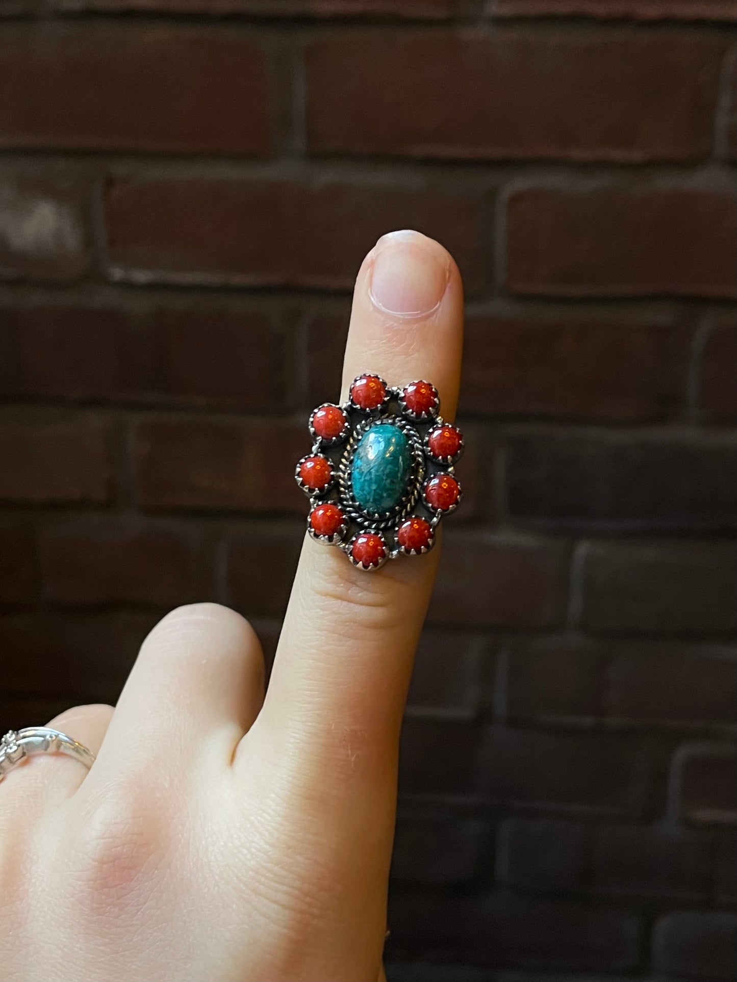 Kingman Turquoise Coral Cluster Ring | Sterling Silver | Size 6 | A192