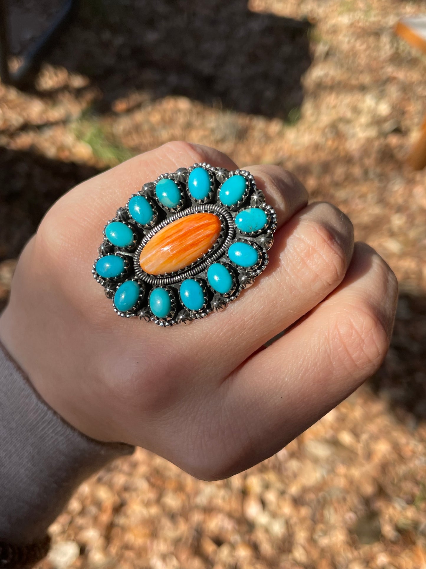 Spiny Oyster Kingman Turquoise Cluster Ring Size 6 | 925 Sterling Silver B999